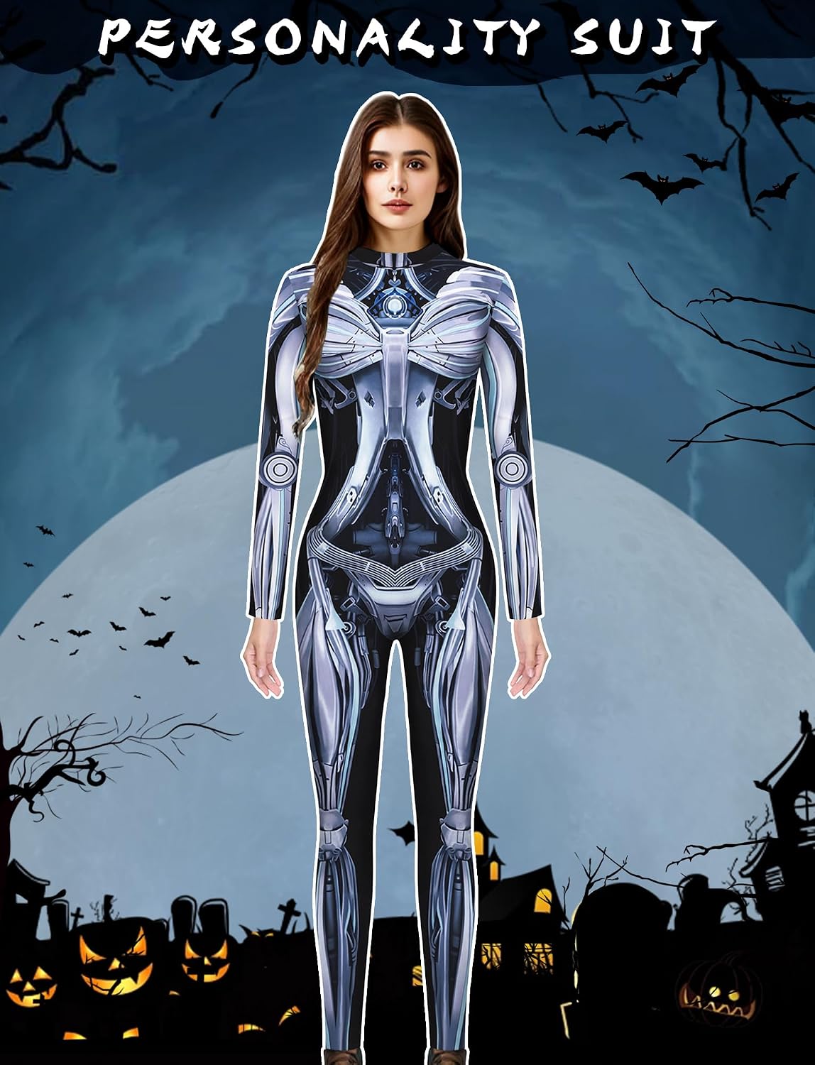Women's 3D Printed Skeleton Halloween Jumpsuit Skinny Stretch Long Sleeve Full Bodysuit Cosplay Catsuit
