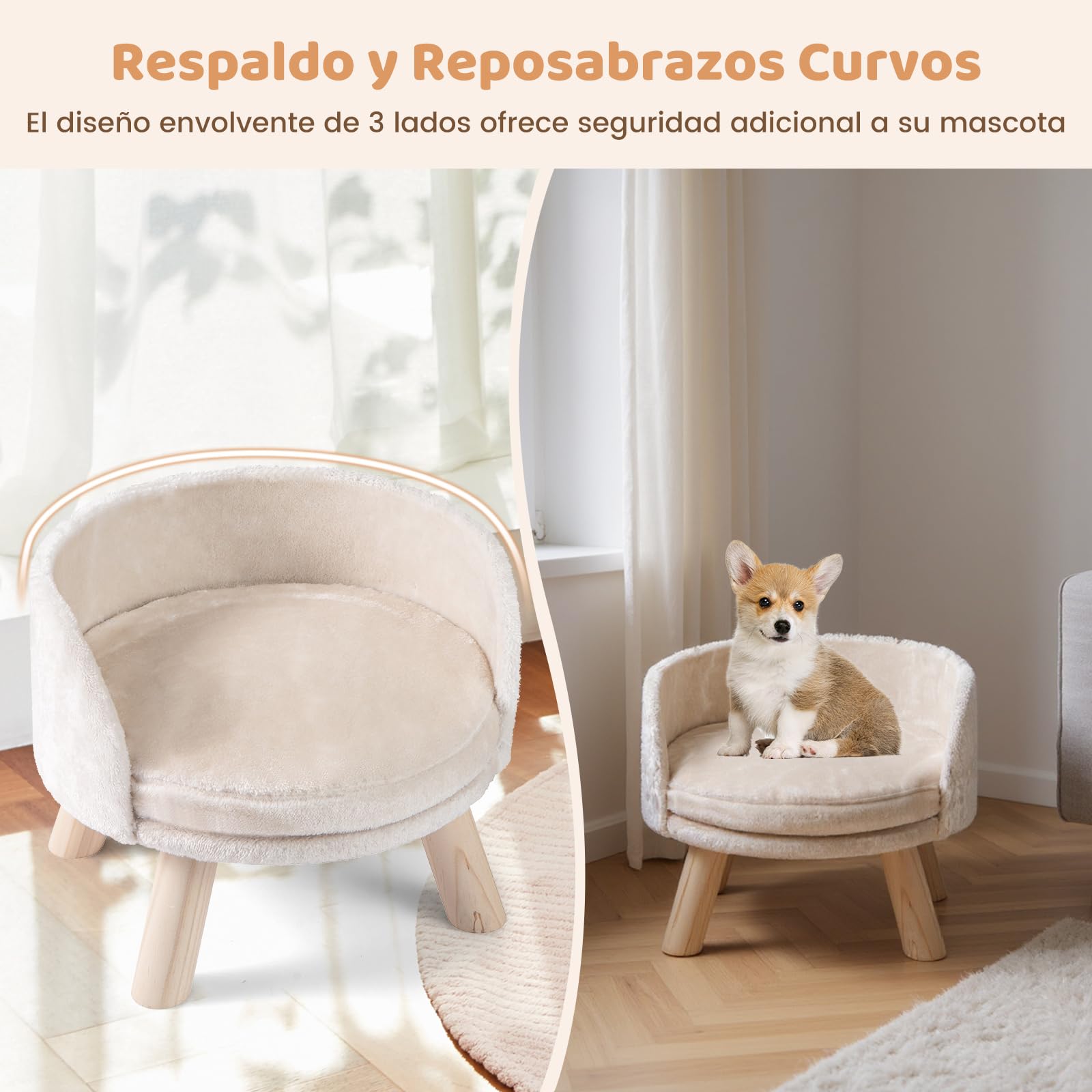 COSTWAY Sofá Cama Alta para Perros Pequeños, Cama para Gatos con Cojín Redondo Acolchado, Sofá para Mascotas con Patas de Madera, Mueble Elevado para Mascotas con Cojín, 42 x 42 x 33 cm
