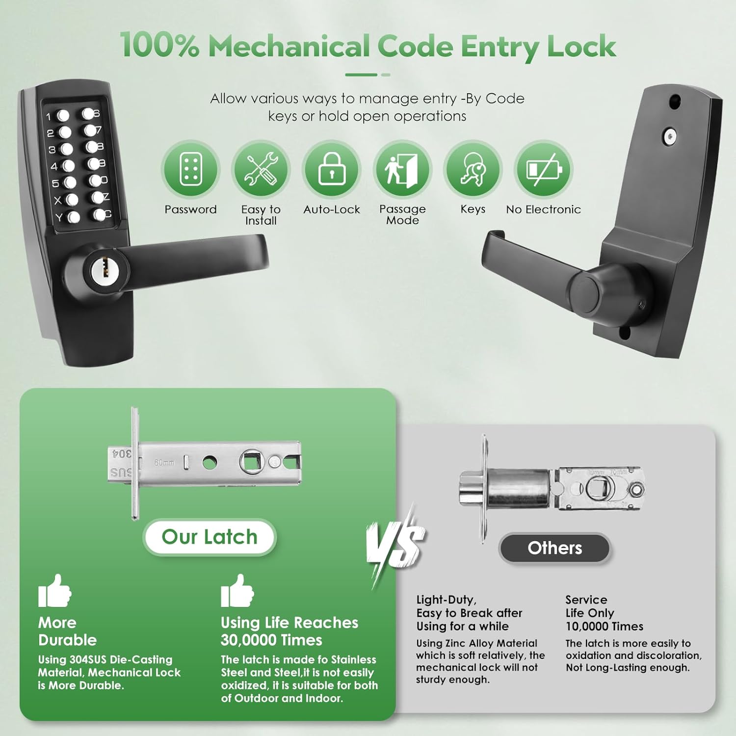 Mechanical Entry Keypad Door Handle Lock with Key,Auto-Locking Push Button Code Door Knob Lock,Single Sided Combination & Interior Hold-open Lever,for Front Gate,Garage,Office,Matte Black