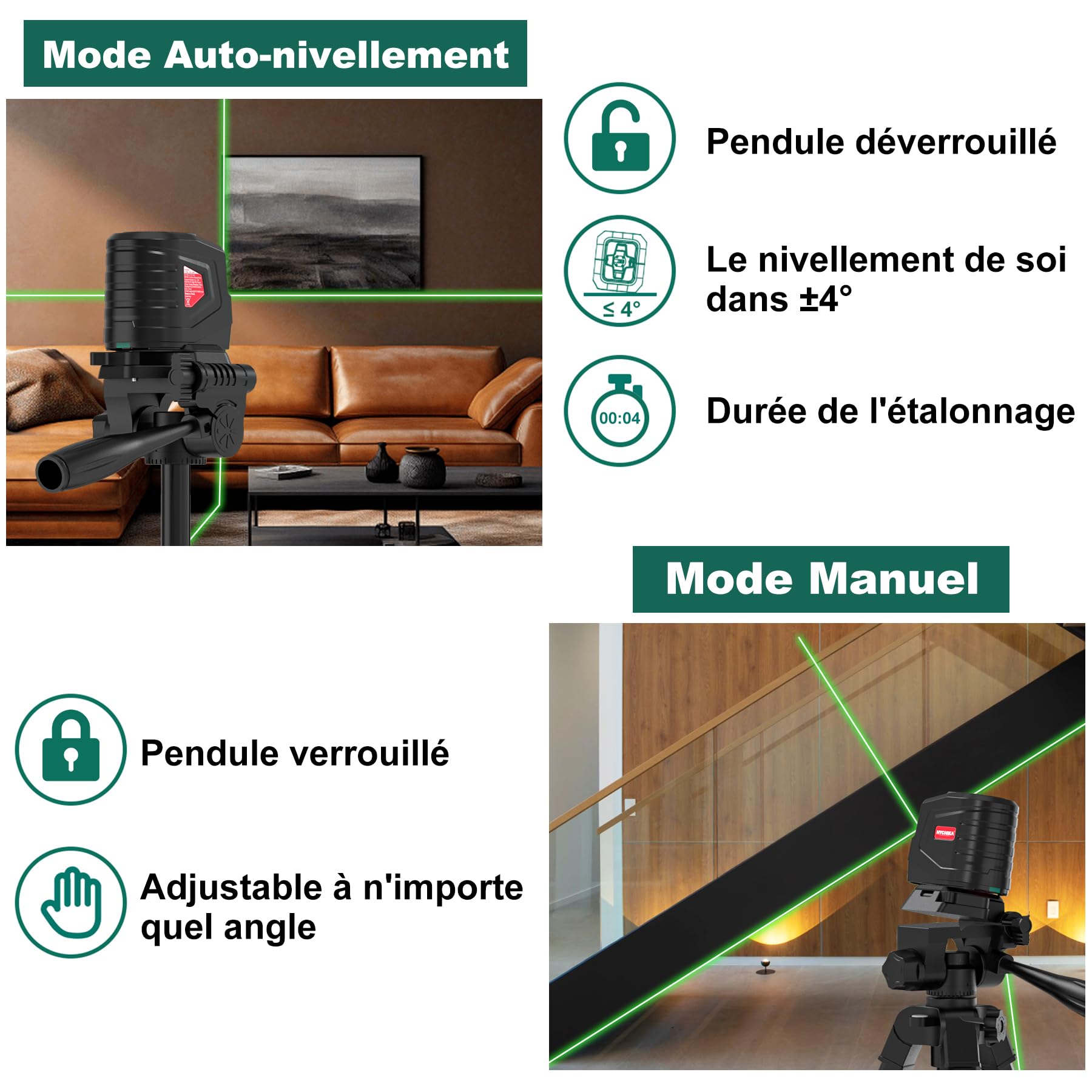 HYCHIKA Niveau Laser avec Trepied, Niveaux Laser Autonivelant avec 2 Piles AA et Pochette de Transport, Lazer Niveaux Vert pour Décoration de Maison, Dricolage
