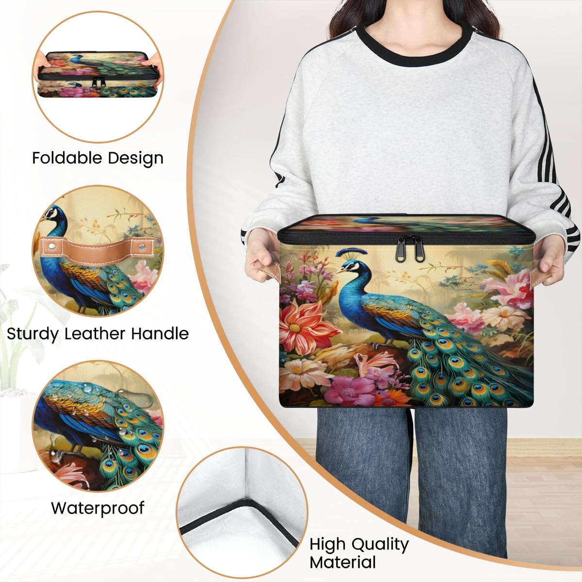 Storage Bin Set of 2 Flower Peacock Storage Basket with Zipper Lid & Handle Foldable Closet Shelf 2 Pack Cloth Organizer Basket Cube Bins Clothes Organizer for Bedroom, Nursery