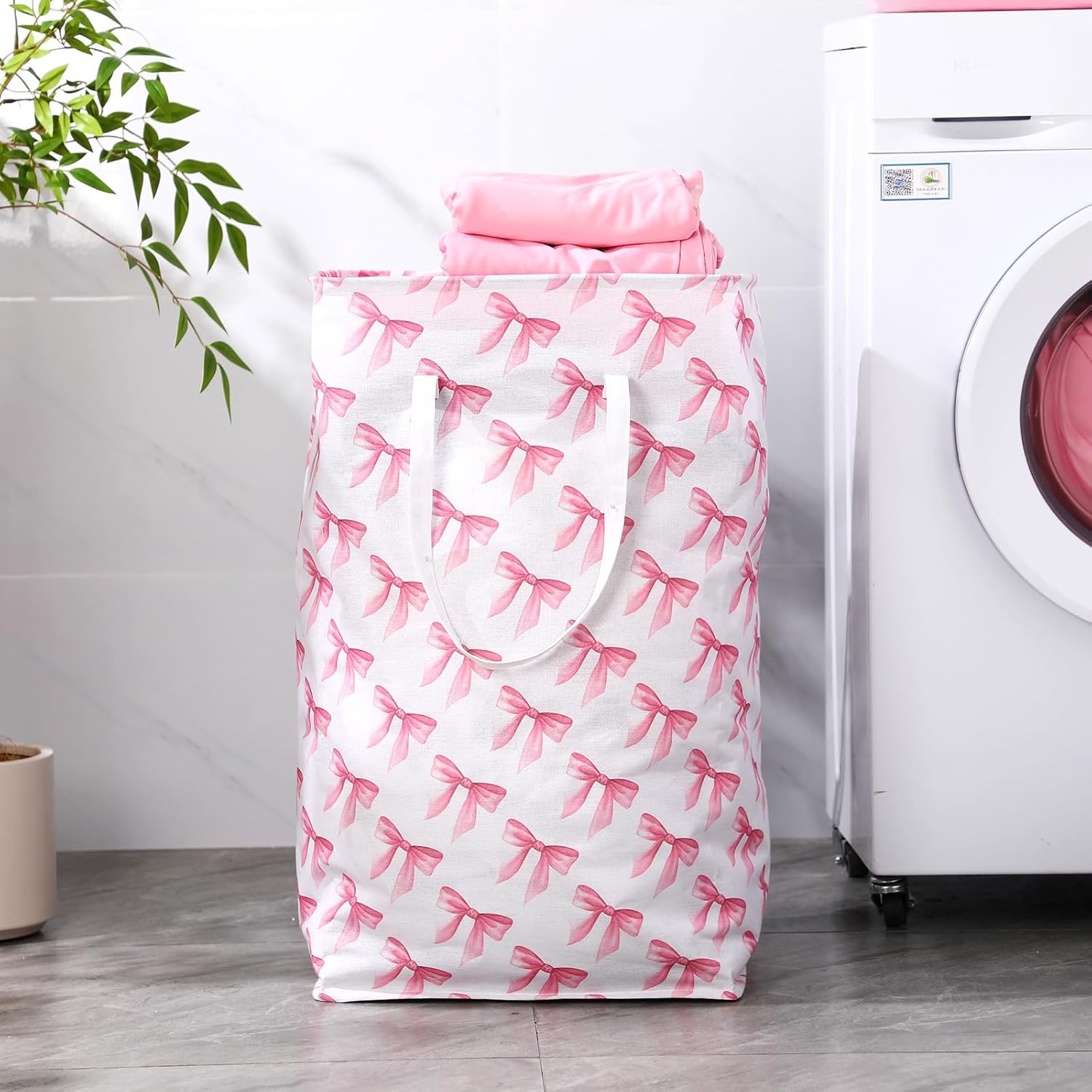 Leinuosen 2 Pieces Pink Laundry Basket Coquette Pink Bow Basket Large Collapsible Laundry Baskets Cute Bow Nursery Clothes Hamper Waterproof Nursery Hamper Room Organization for Bedroom Decor