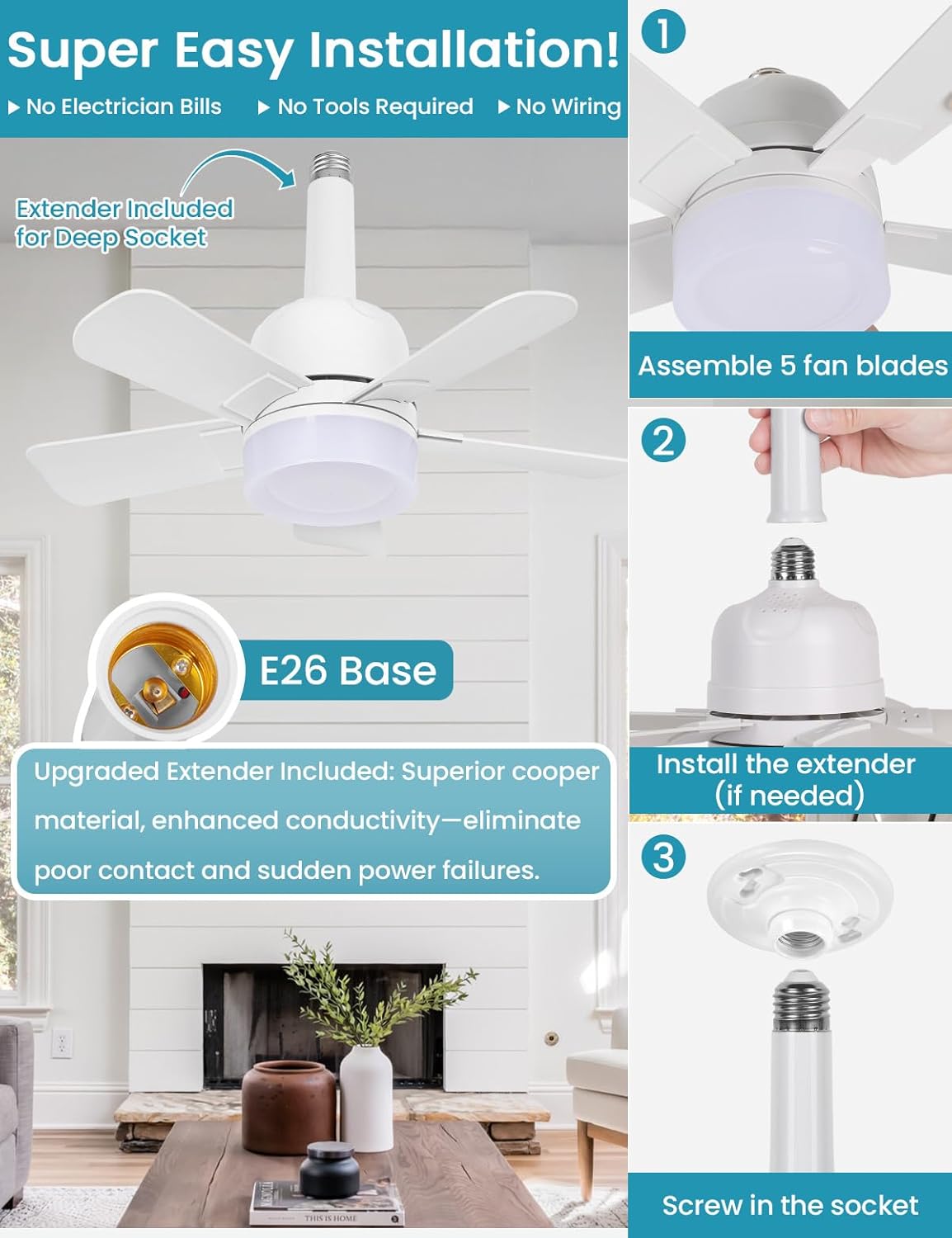 Socket Fan Light with Remote, Small Ceiling Fan with Lights, 1000LM Dimmable Light Bulb Fan with 3000K-6000K Selectable, 5 Speeds Socket Light Fans, E26 Base Screw in Fans for Bedroom, Kitchen, 16.5’’