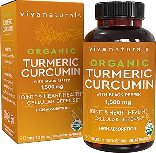 Viva Naturals Organic Turmeric Curcumin with Organic Black Pepper, 1500mg Organic Turmeric with 150 mg Standardized to 95% Curcuminoids, Joint Pain Relief, 90 tablets