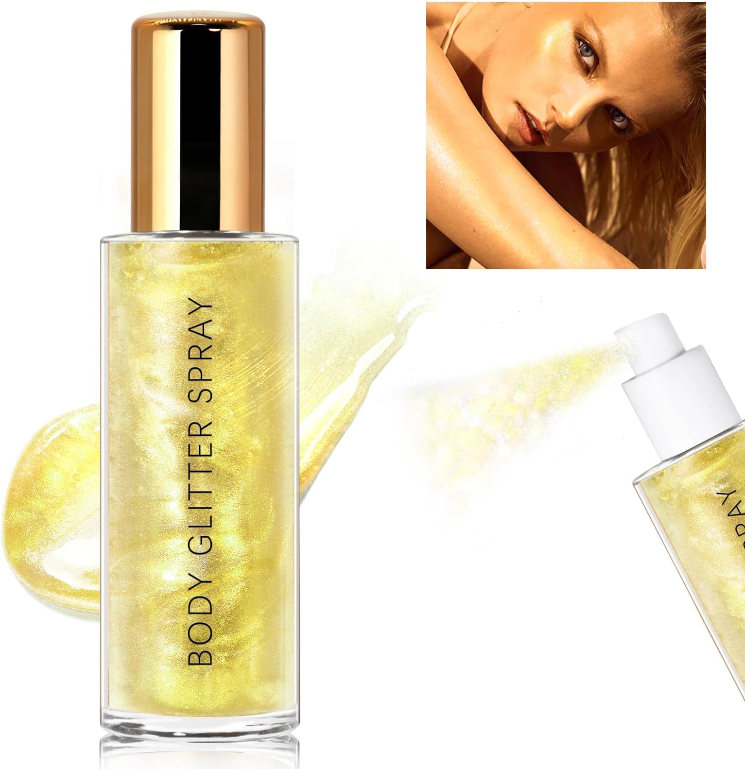 Body Glitter Spray, Moisturizing Bronze Body Shimmer Luminizer Glow Illuminator Quick-Drying and Non-Sticky Liquid Highlighter Spray for Face Hair Glitter, 60ML -Champagne Gold