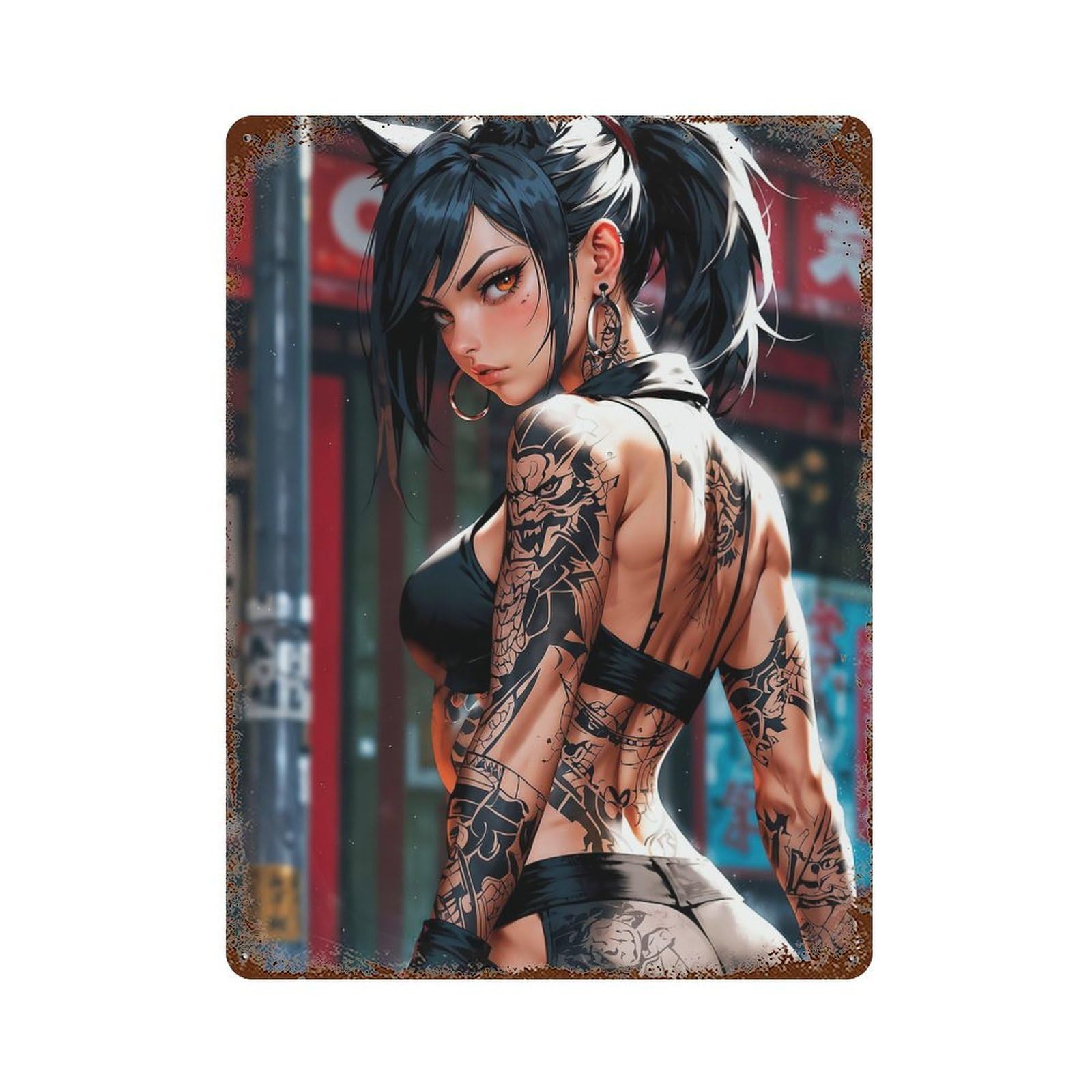 Anime Girl Rust Effect Tin Sign 15.7"x11.8", Vintage Wall Decor for Pub, Kitchen And Man Cave Decor