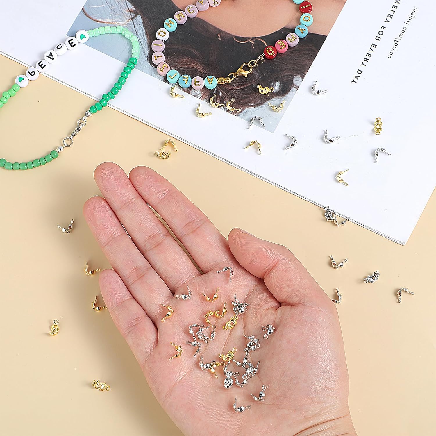 1000PCS Crimp Beads for Jewelry Making, 3mm Crimp Bead Covers, Gold/Silver Bead Bracelet Making Supplies, Knot Covers Clamshell Fold-Over Beads Cover for DIY Bracelet Necklaces Earrings - Image 5