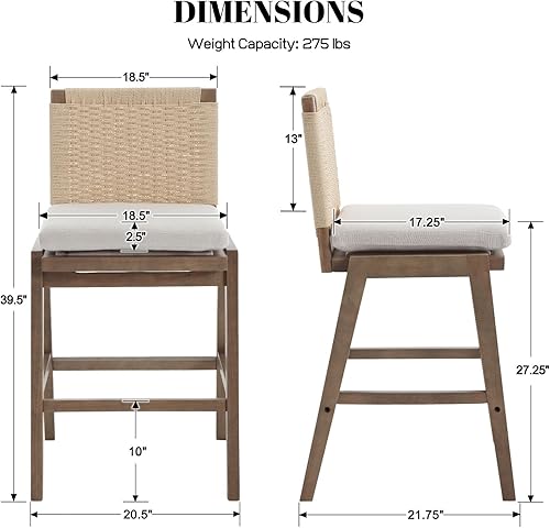Miniatura 2 de DUOMAY Juego de 2 taburetes de bar de ratán, taburetes de bar tejidos de 27 pulgadas con respaldo, moderna silla de cocina tapizada de lino, silla