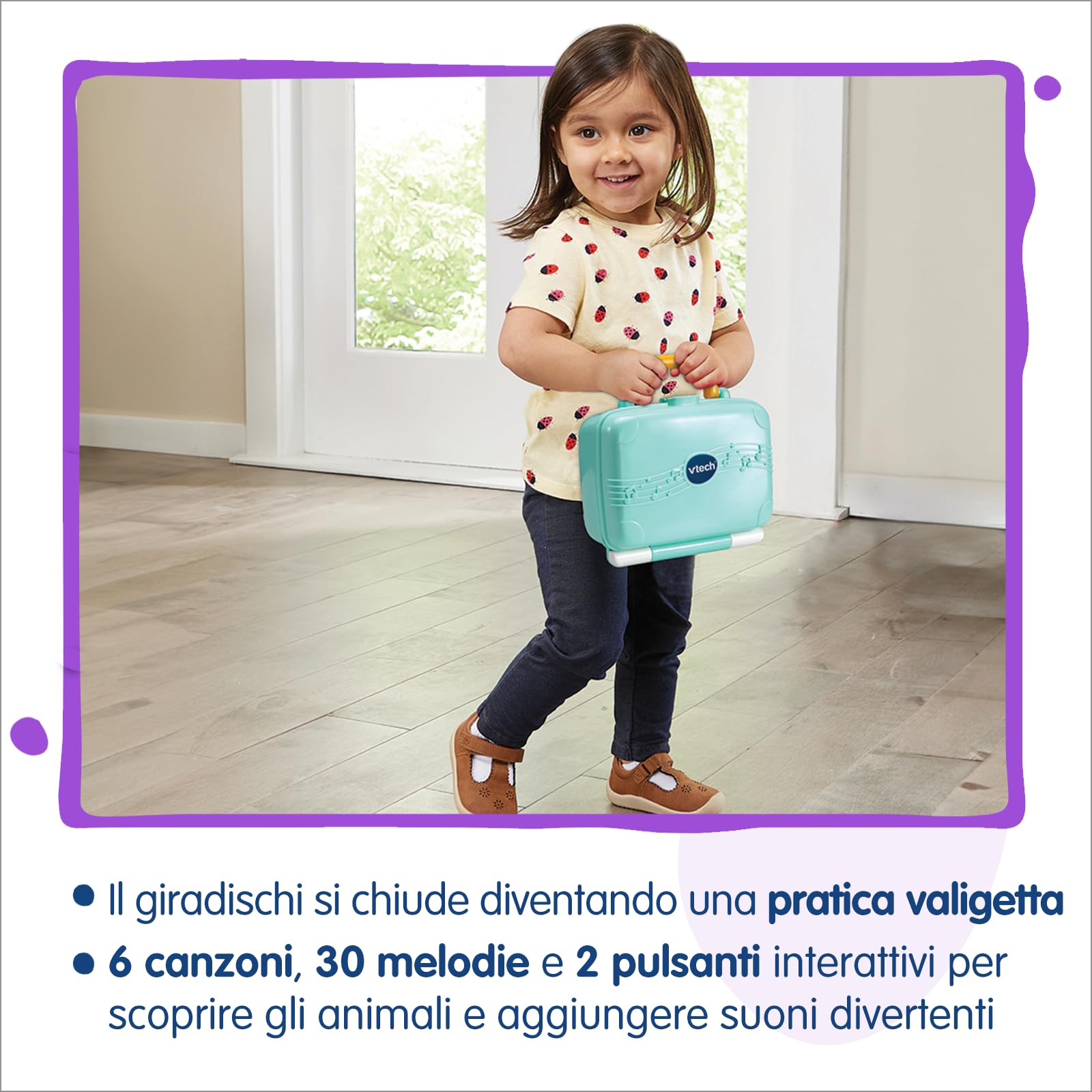 VTech Wisky, Micio Giradischi, Giradischi per Bambini, 5 Dischi Fronte-Retro, Regolazione Volume, Valigetta Inclusa, 6 Canzoni, Lingua Italiana, Batterie Incluse, 1-4 Anni
