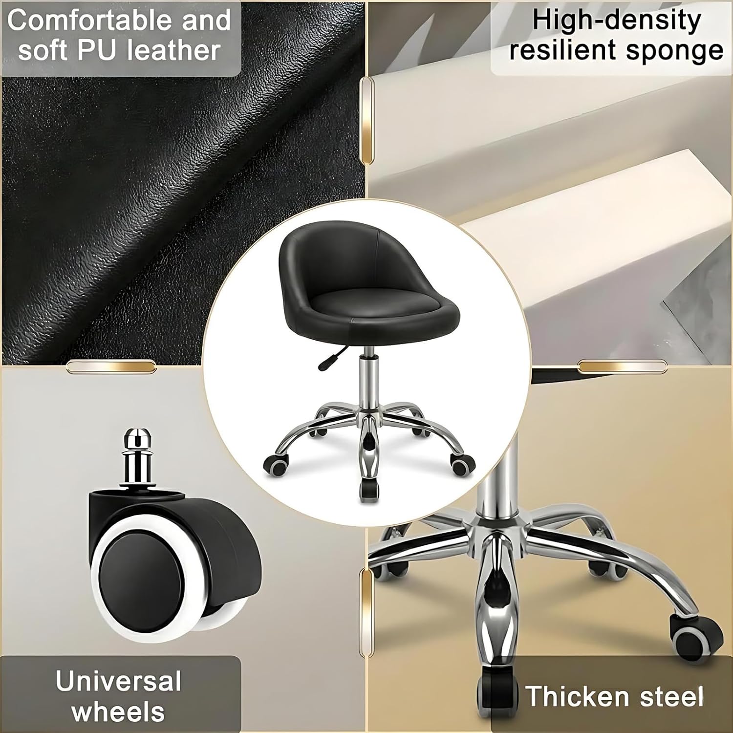 combofix Adjustable Rolling Stool with Backrest, 15" Round PU Leather Swivel Stool, Heavy Duty 400lbs Office Chair with Wheels, for Salon Tattoo Drafting Work SPA Massage Home Office, Black