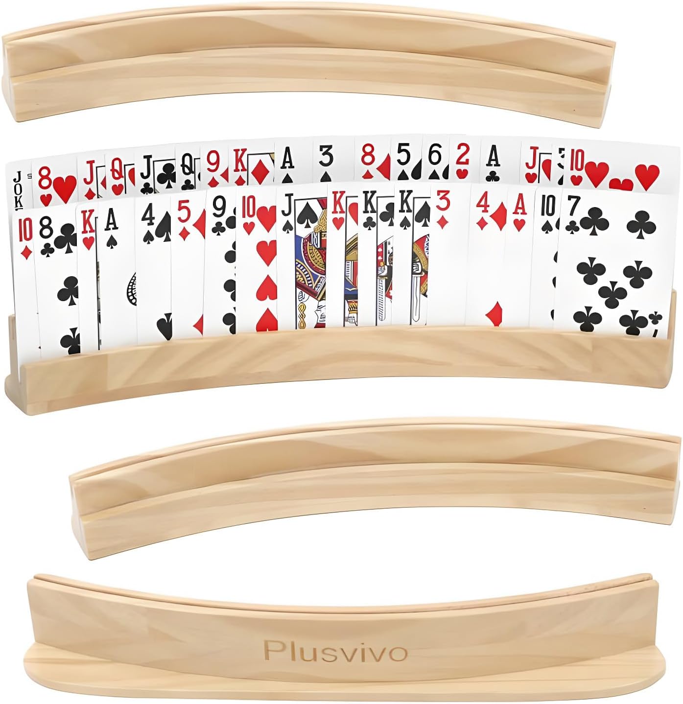 Plusvivo Set of 4 Curved Playing Cards Holders for Seniors Adults Kids 2-Layer, Solid Wooden Card Holders for Playing Cards 13 X 1.9 X 2.4 Inch for Bridge Canasta Foot and Hand
