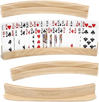 plusvivo Set of 4 Curved Playing Cards Holders for Seniors Adults - Soild Wood Cards Holders for Playing Cards 13 x 1.9 x 2.4 Inch for Bridge Canasta Strategy Foot and Hand