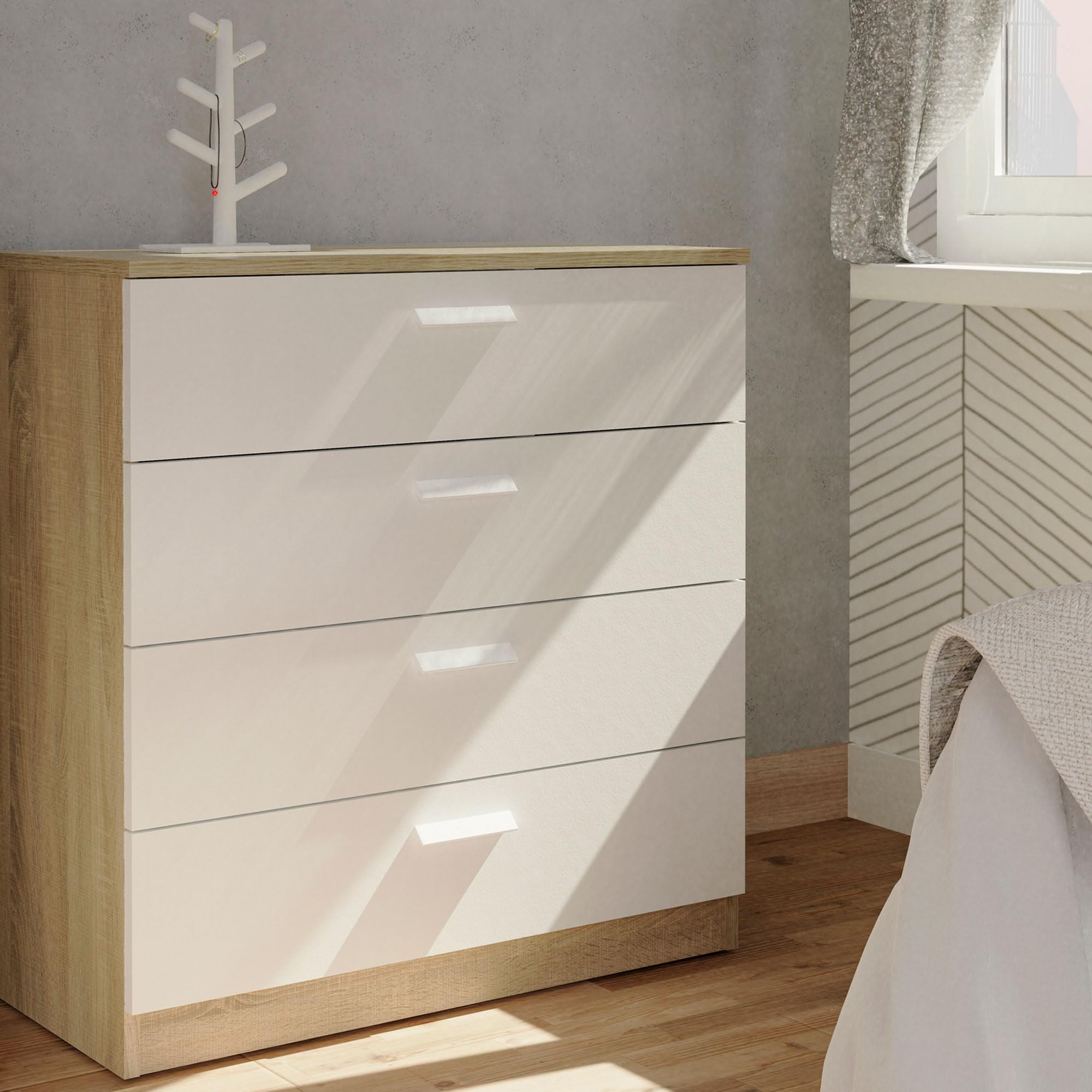 briebe Cómoda Dormitorio, Cajonera 4 Cajones, Sinfonier 78x74x40 cm (Alto x Ancho x Profundo), Habitación Matrimonio, Juvenil, Infantil, Nova Roble Cambrian/Blanco