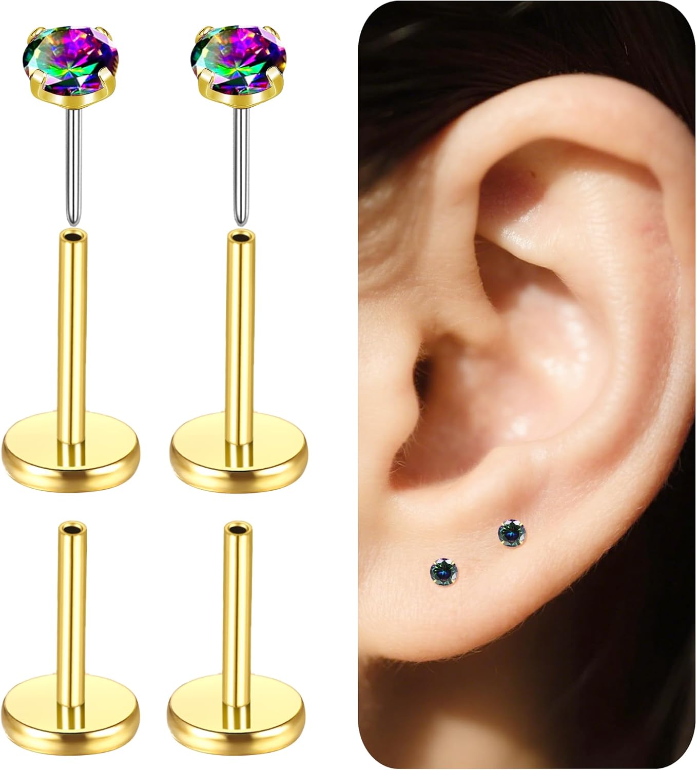 G23 Titanium Threadless Flat Back Earrings Stud 20G CZ Cartilage Stud Earrings Hypoallergenic 14K Gold Push in Pink Green Color AB CZ Nose Studs Tragus Helix Conch Lip Piercing for Women Men