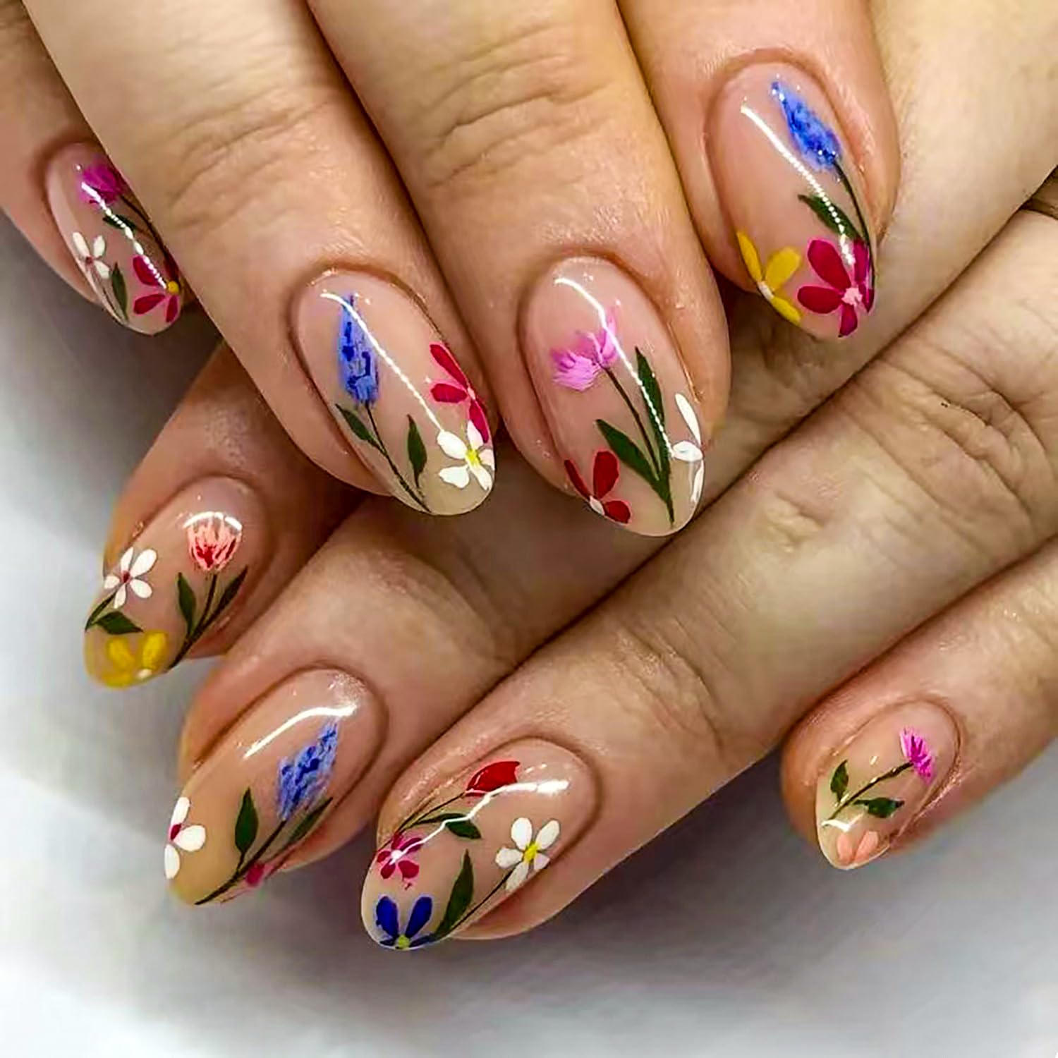 KTAABTR 24PCS Almond Shape Press-On Nails, MultiColor Floral False Nails, Full Cover Glossy Acrylic Nails, Reusable & Easy to Apply