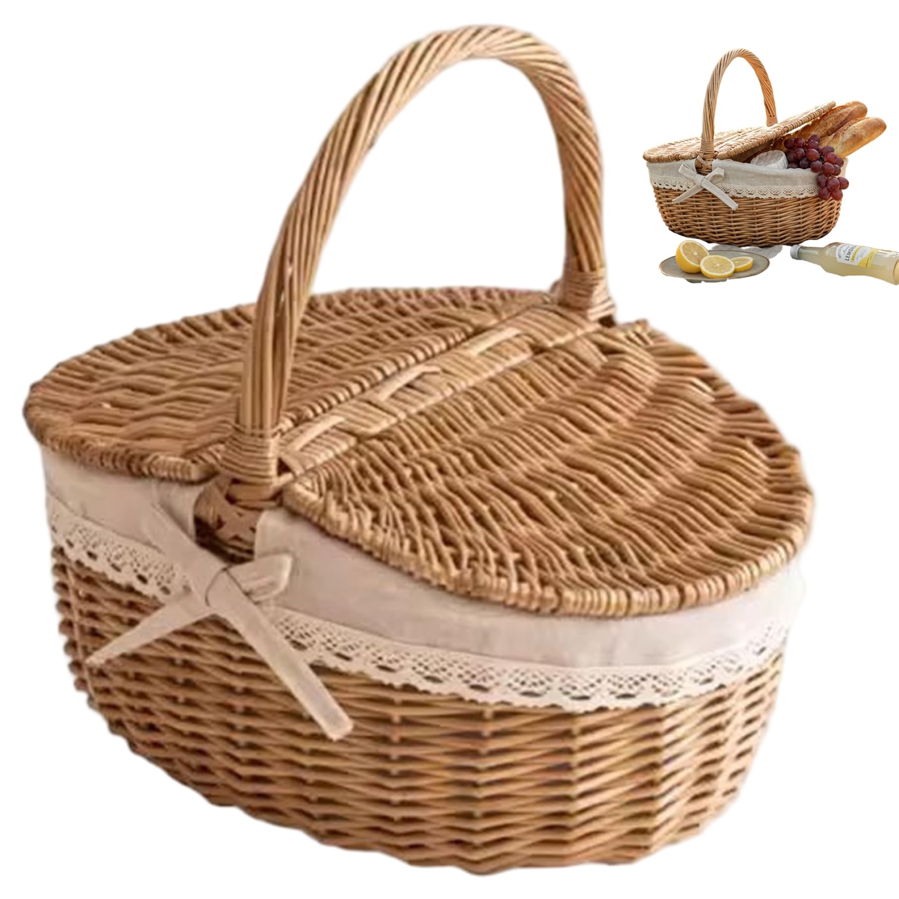 Cesta de Picnic de Mimbre de Estilo Vintage Mediana, Tejida con Tapa y Asas para picnics, Camping, Compras, Almacenamiento en el hogar, Cesta de Picnic