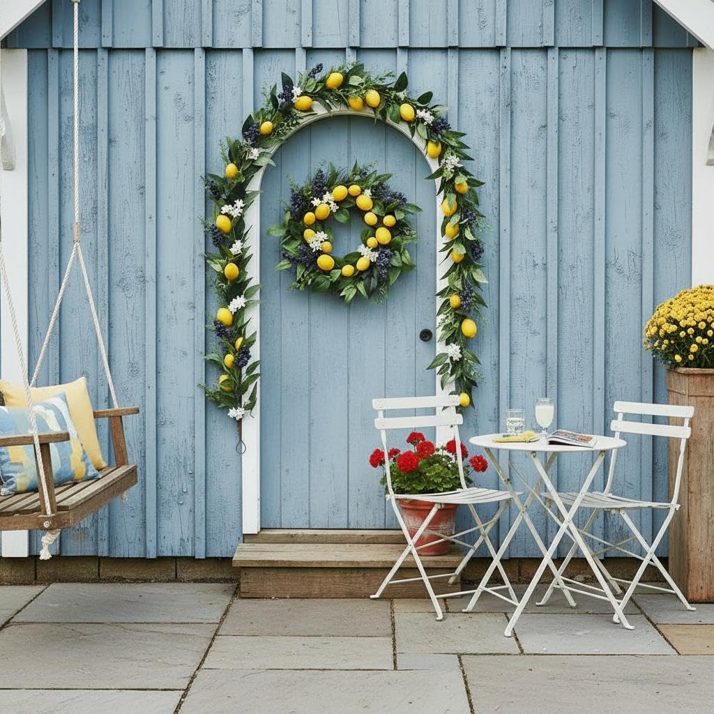 6 FT Artificial Lemon Garland with Lemons, Blueberries, Green Leaves & White Flowers for Front Door, Mantel, Fireplace, Table, Wedding, Home Party Decor