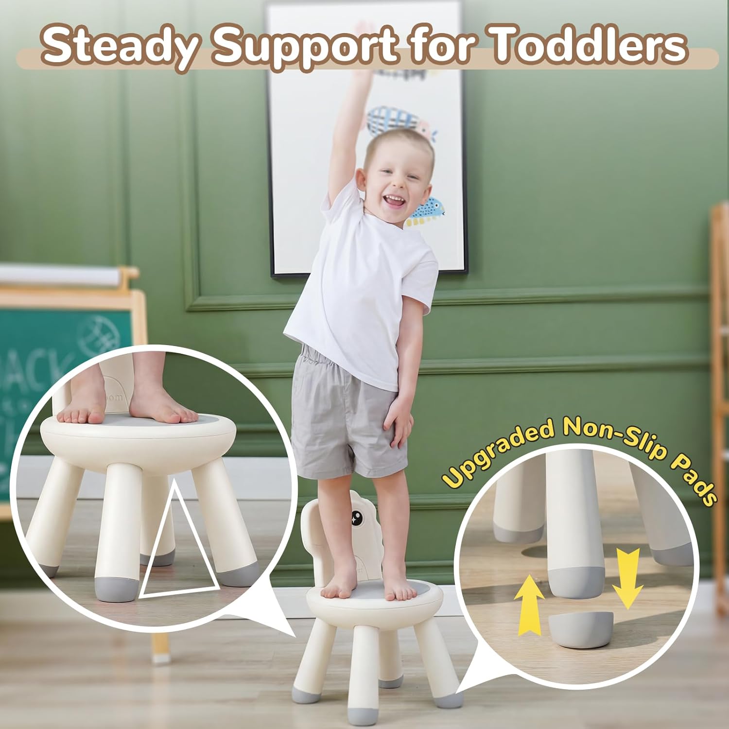 KidBloom Toddler Chair, Sturdy Kids Dinosaur Chair with an Ergonomic Backrest, Anti-Slip Plastic Child Chair for Toddlers 1–3, White