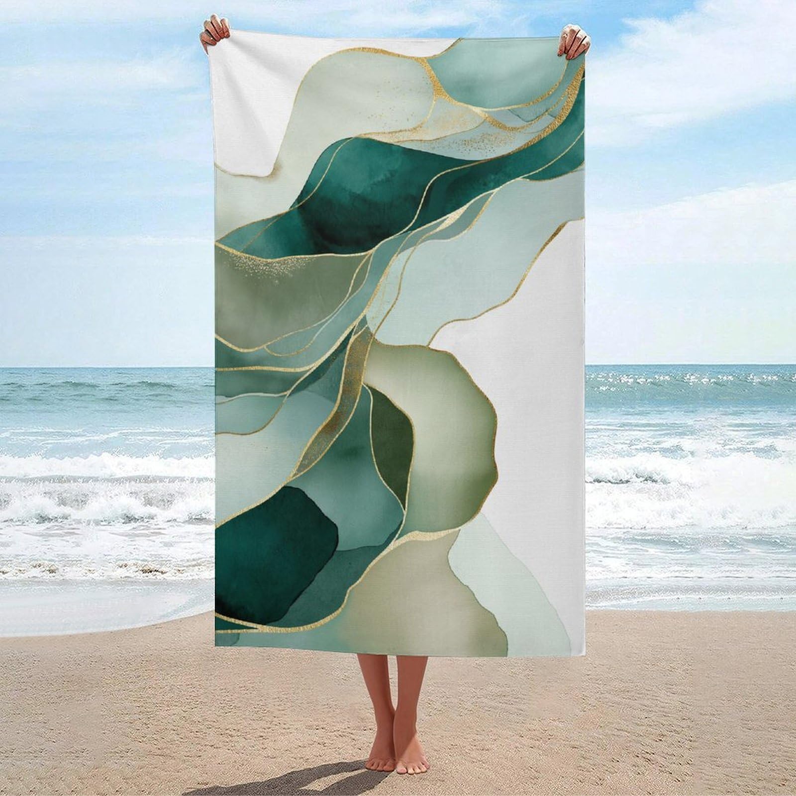 asbwuo Ocean Abstract Art Green Waves Beach Towel