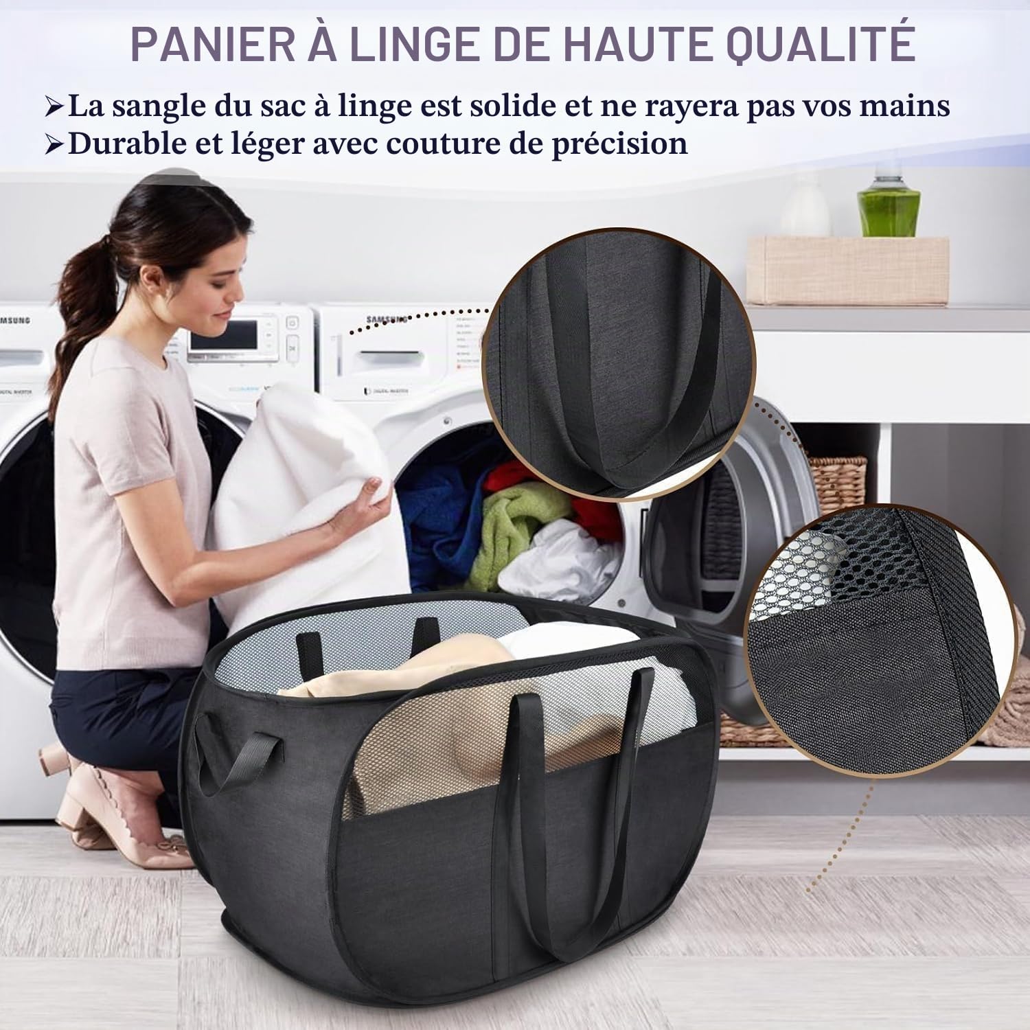 2 Pièces Panniers à Linge Pliable, 36 x 36 x 58 Cm, Pop Up Laundry Basket Hamper, Panier à Linge Pliable Pop-Up, En Maille Filet Avec Poignée, Pour le Changement Des Vêtements - Noir (Noir)