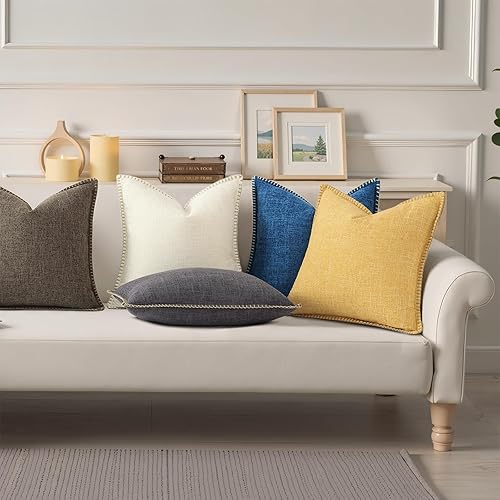 Miniatura 9 de decorUhome Juego de 2 fundas de almohada decorativas para exteriores de 20 x 20 pulgadas, cuadradas, de lino, rústicas, neutrales, con borde cosido