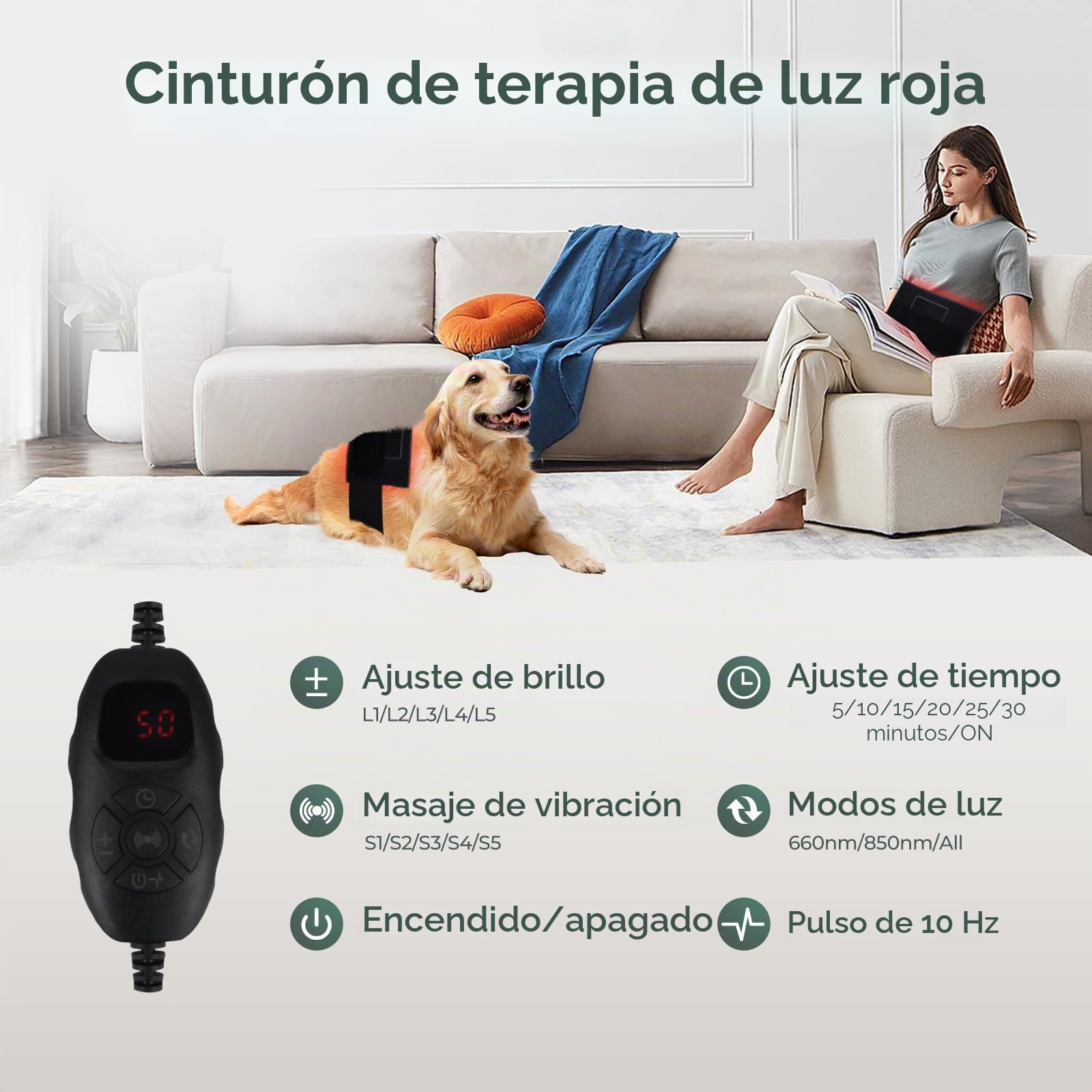 Cinturón de terapia con lámpara roja de 120 LED, temporizador de 7 niveles, 5 niveles de intensidad de luz y vibración, modo de pulso de 10 Hz, para el dolor de espalda, hombros, cintura