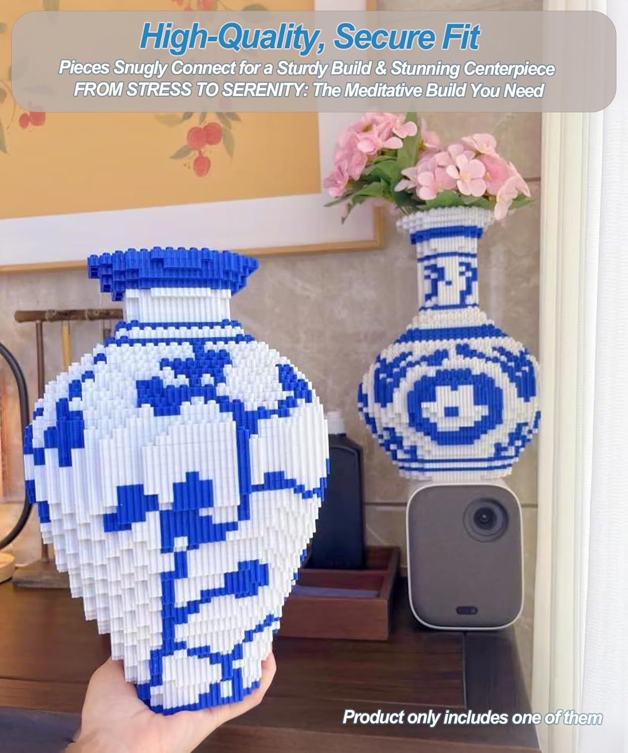 Micro Vase Building Blocks set, Blue & White Ceramic Style 3200PCS (1 sets), Compatible with Lego, 7*7*11″ Creative Flower Building Kit for Home Decor, STEM Birthday Gift for Adults and kids Age 14+