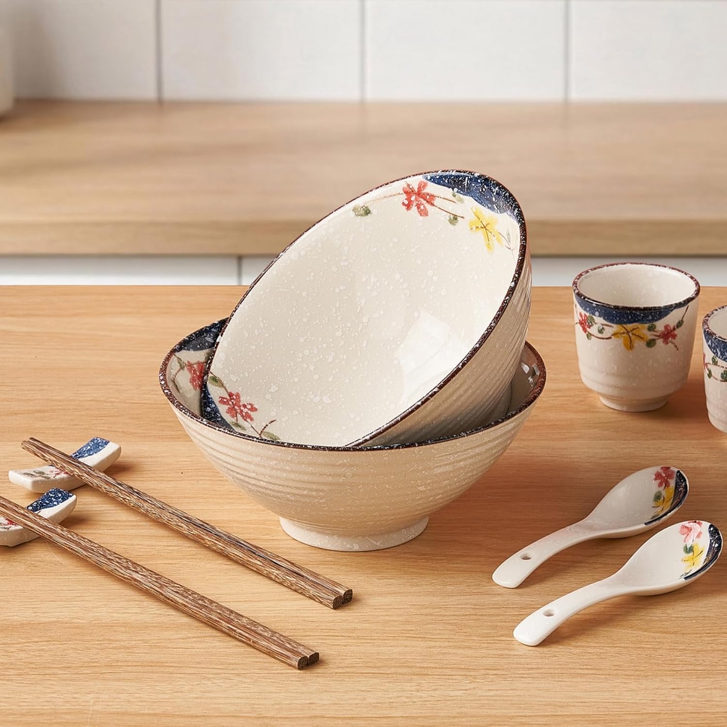 40OZ Ceramic Ramen Bowl Set, Japanese Noodle Bowls with Spoons, Chopsticks and Rests, Large Soup Bowl Perfect for Noodles Pho Udon Soba, Flower