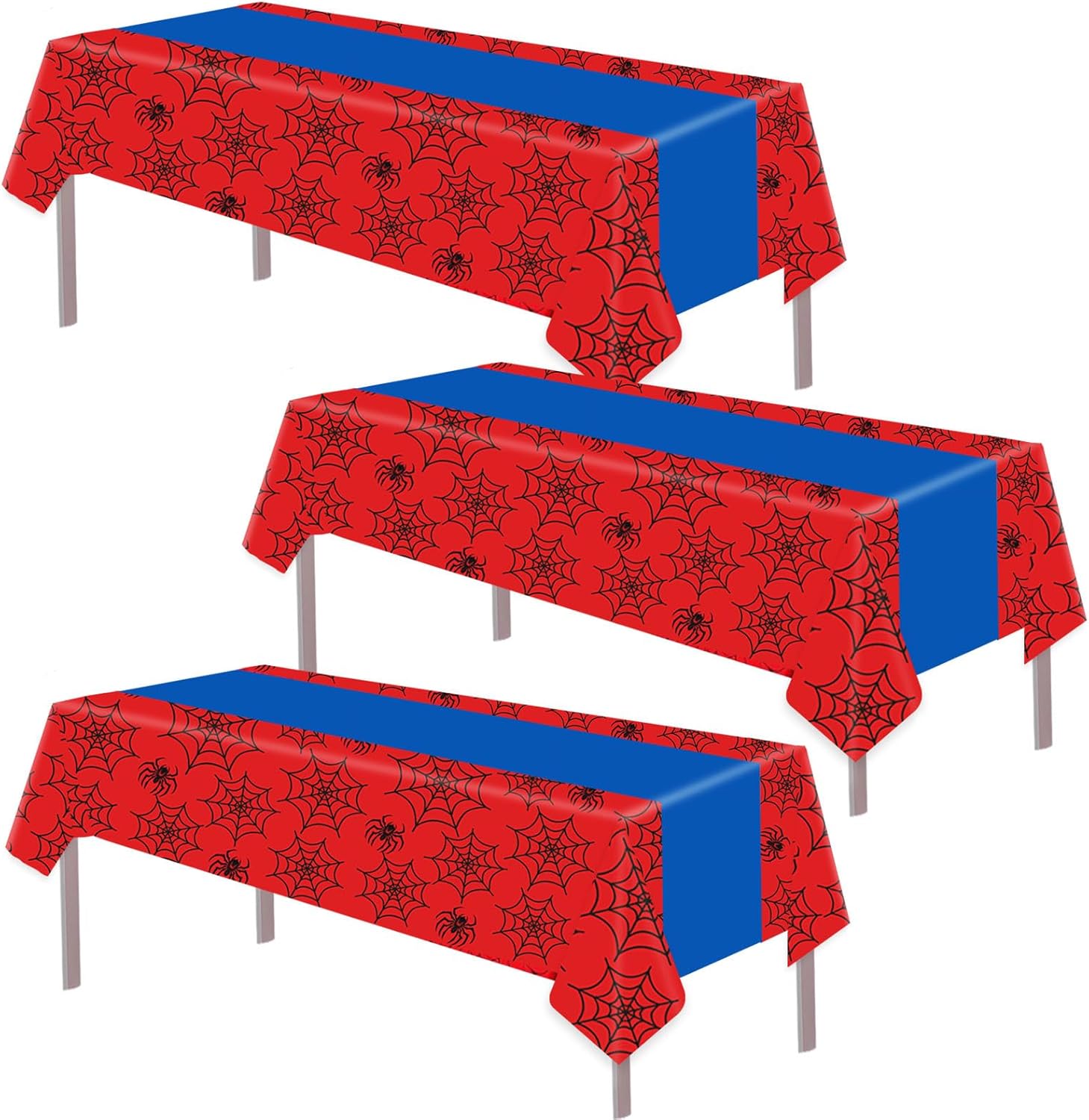 3pcs Spider Birthday Party Tablecloths, 54x108in Non-Reusable PE Material Blue and Red Spider Web Table Cover for Baby Shower Kids Themed Birthday Party Supplies