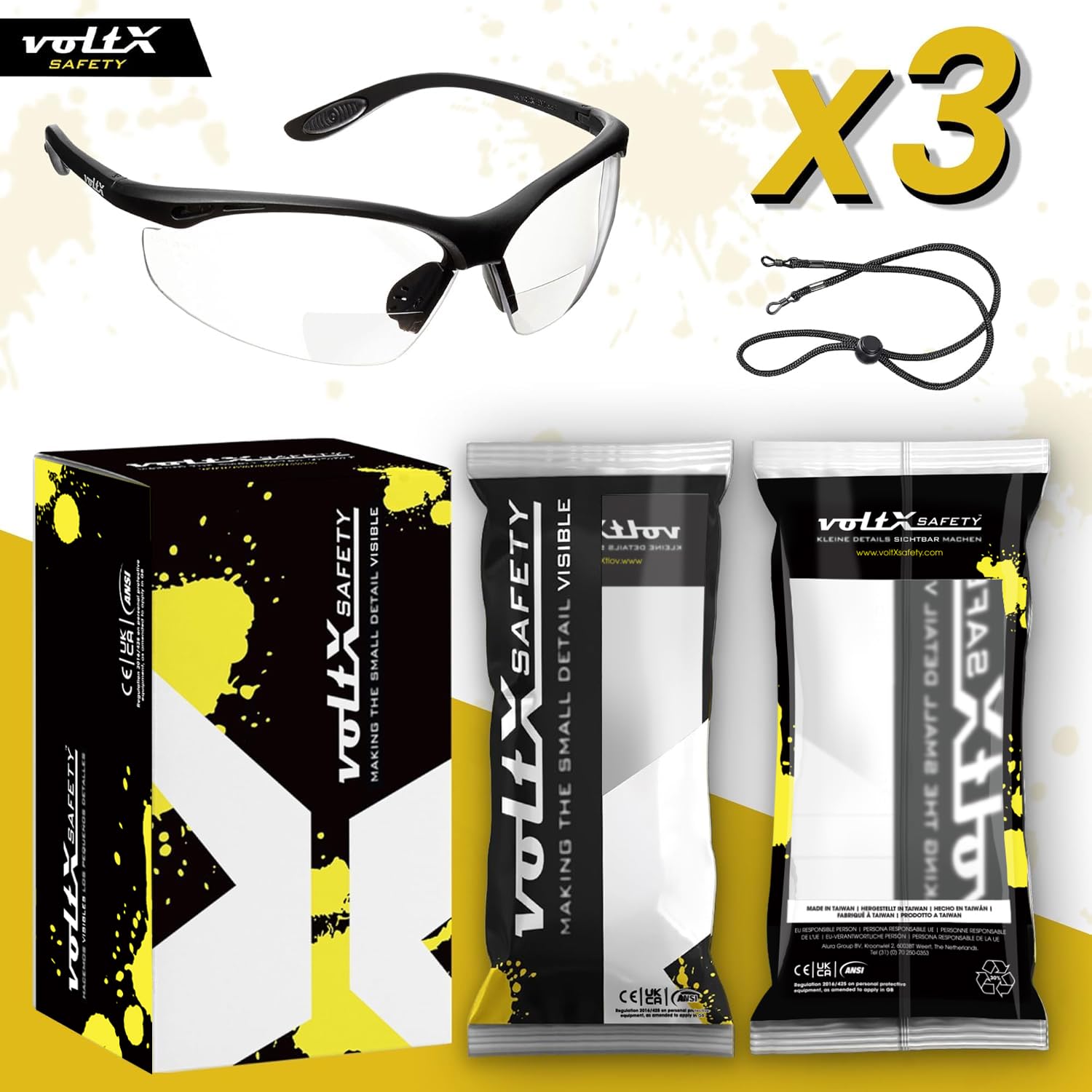 voltX 3 x CONSTRUCTOR Lunettes de Sécurité Bifocales +2,5 Transparentes | Certifiées CE EN166F. 3 paires, verres transparents UV400 antibuée. Cordon de sécurité inclus.