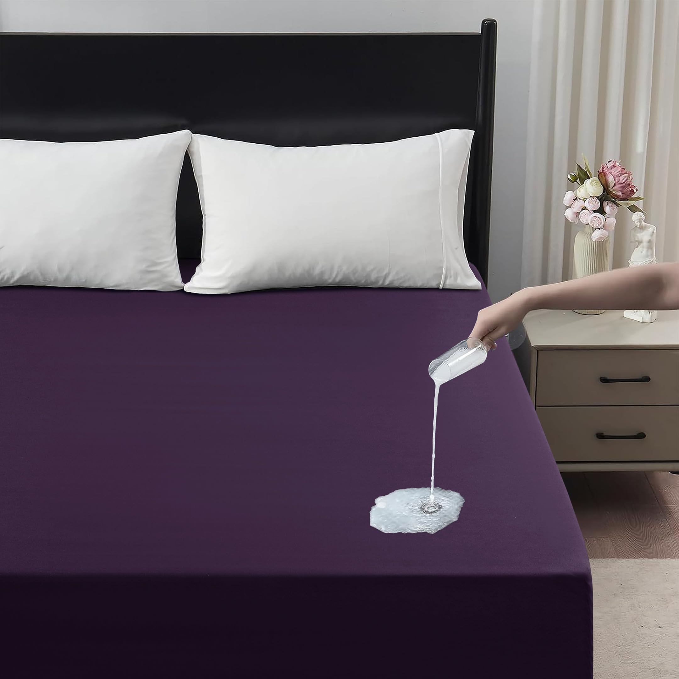 Waterproof Fitted Sheet – Mattress Protector | Soft Breathable Noiseless Bed Cover, Fitted Bed Sheet 30cm Deep Pocket, Durable Microfiber Fitted Mattress Cover (Purple, King)