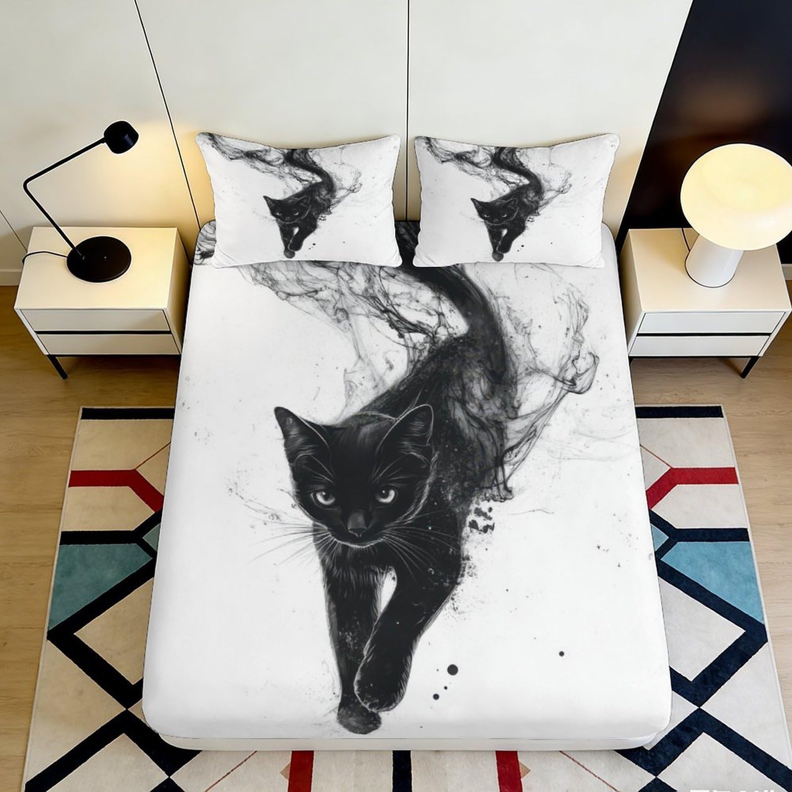 3D Printed Black Cat Fitted Sheet Microfiber Deep Pocket Bedroom Bedding Set Black Cat Mattress Fitted Cover for Adults Teens 140x200x25cm