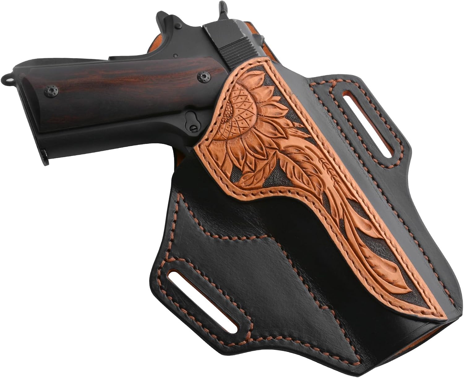 Handmade Carved Vegetable Tanned Cowhide Gun Holster ，Dual Hole OWB Hanging Design ， Suitable for 1911 Series Pistols ， Handmade Stitching ，Classic Retro Style