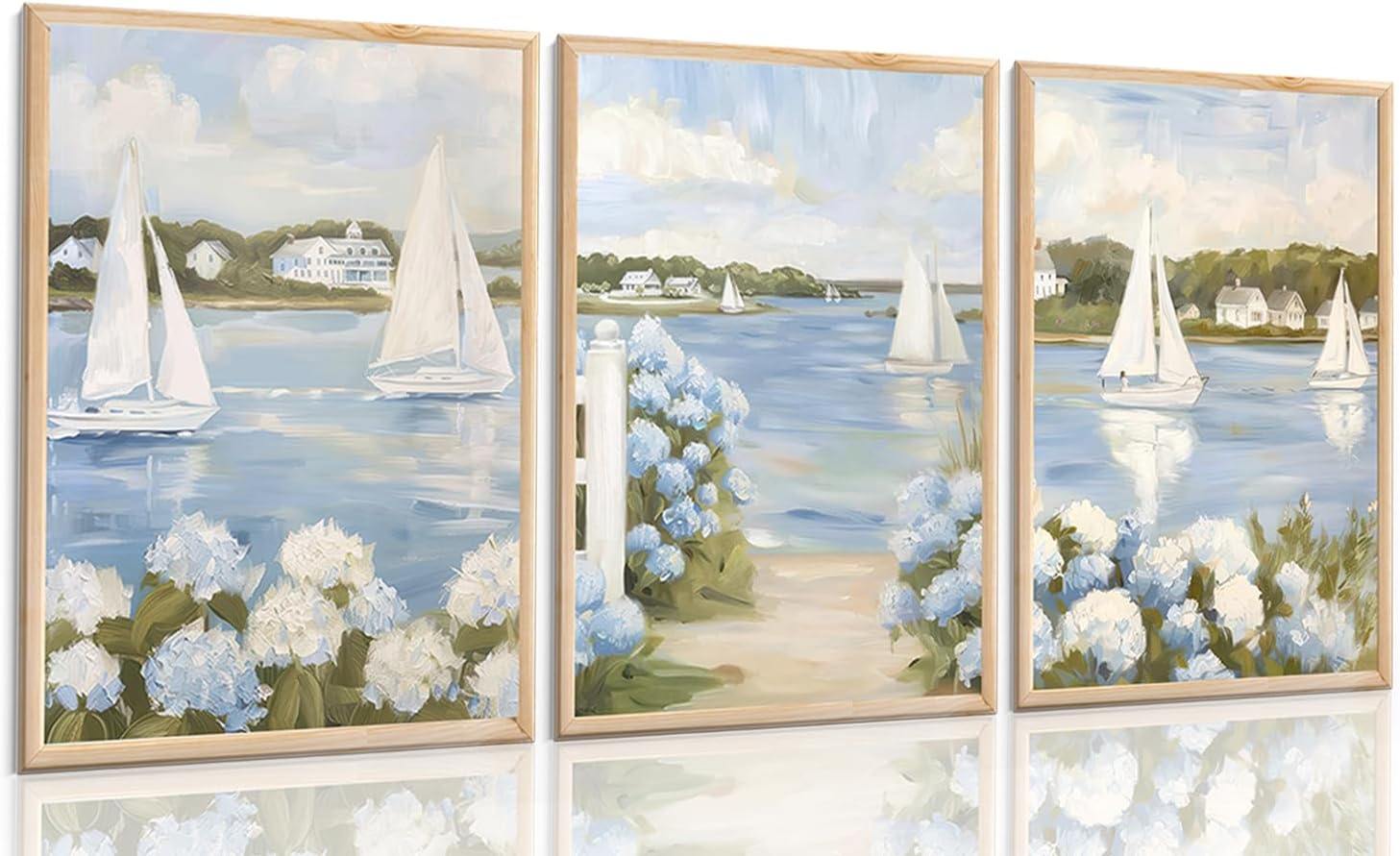 3Pcs Blue Seaside Hydrangea Canvas Wall Art Coastal Sailboat Pictuer Wall Summer Seaside Garden Prints Vintage Hydrangea Poster Seascape Landscape Pictures Painting For Beach House Living Room Bedroom 16x24in Unframed