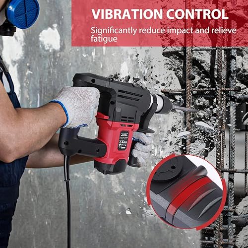 Miniatura 6 de Taladro de martillo giratorio de 1-14 pulgadas SDS-Plus de 125 amperios con control de vibración y embrague de seguridad 6 velocidades mango