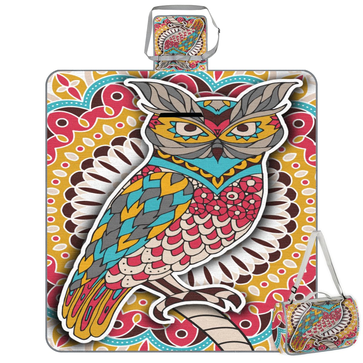 Shimoshe Picnic Blankets 57”x 59”, Indian Owl Waterproof Sandproof Picnic Mat Lightweight Foldable Beach Blanket for Camping Park Grass Beach Outdoor Blanket