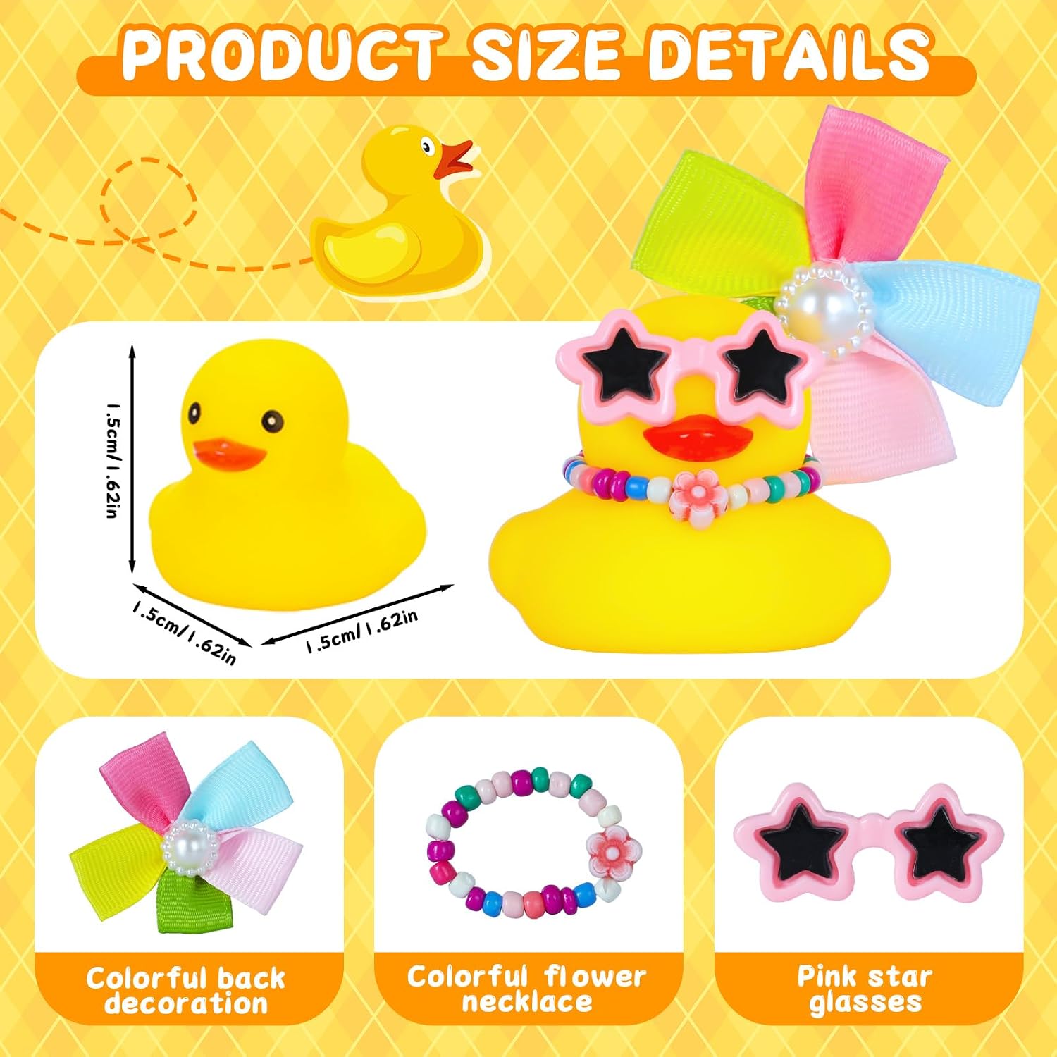 Funny Rubber Ducks for Jeeps, Car Dashboards, Bow Duck Car Decor with Colorful Headband, Star Sunglasses & Flower Necklace, for Desks, Gifts for Jeeps Owners, Car Lovers