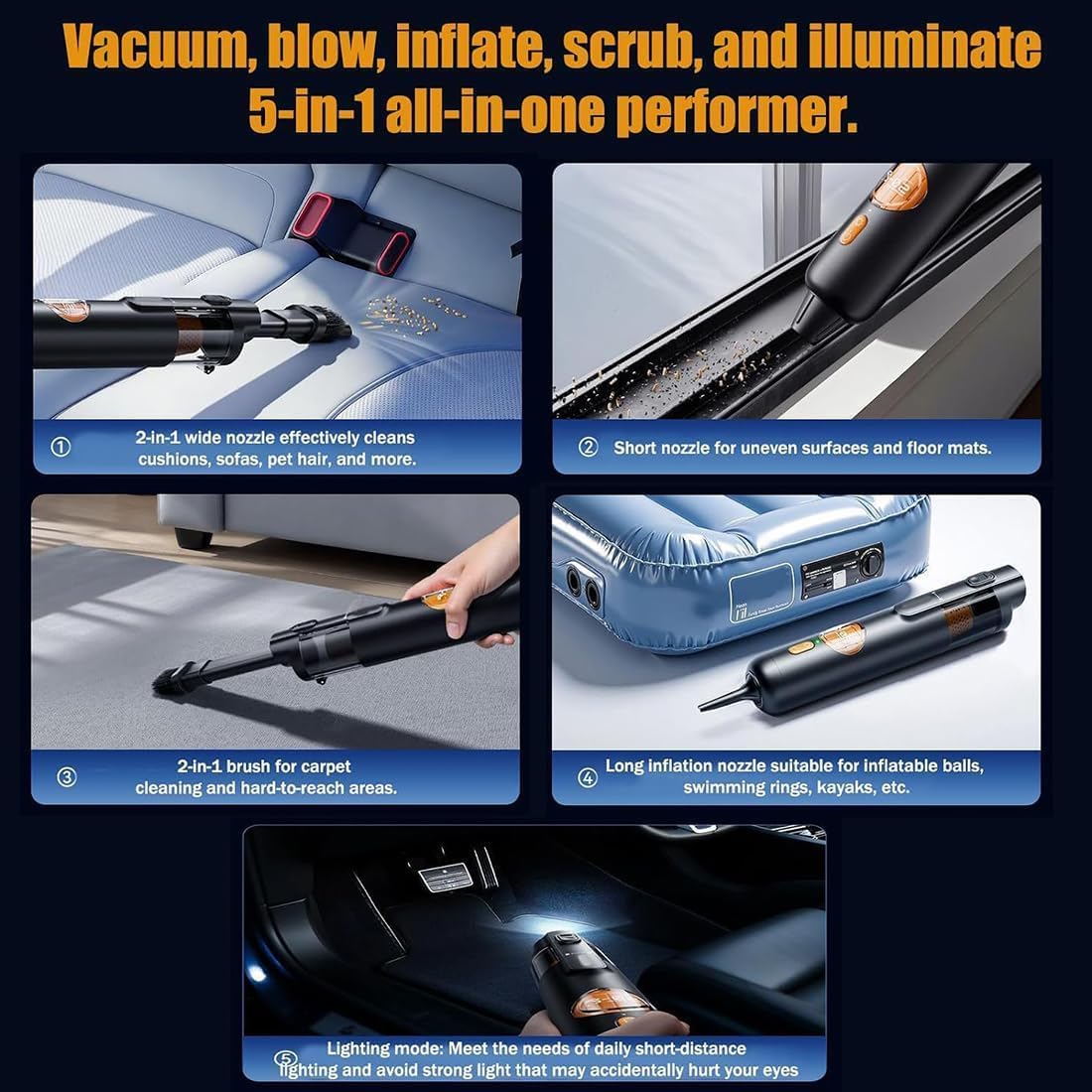 5-in-1 Smart Handheld Vacuum Cleaner Kit, Handheld Car Vacuum Cordless with 15kPa Powerful Suction & 2Modes with Lights, Rechargeable, Ultra Light for Car Home Office (Black-High Edition)