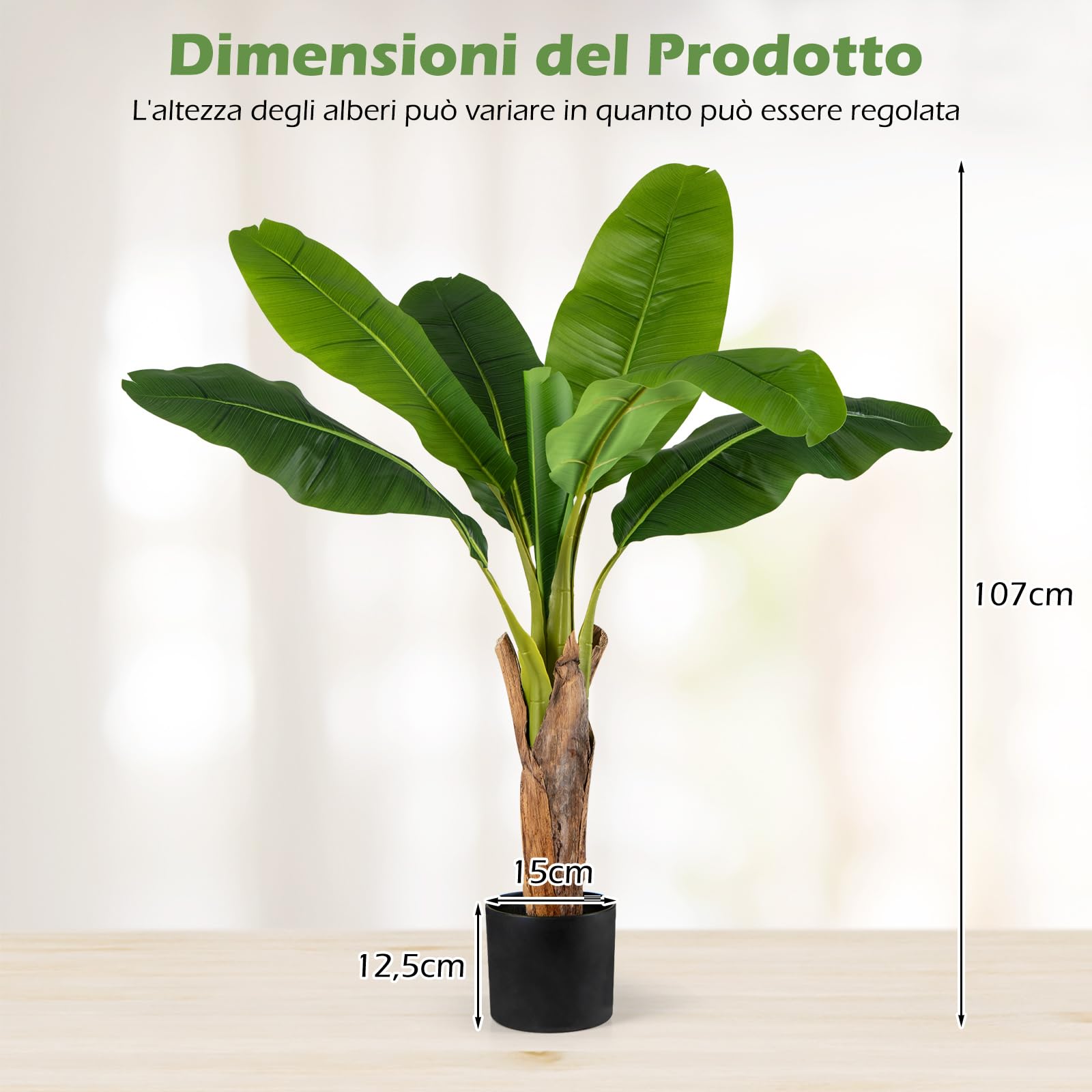 COSTWAY Set da 2 Alberi di Banane Artificiali, Pianta Finta con Foglie di Banana e Rami Regolabili con Vaso, Pianta in Vaso Decorativa da Interno per Soggiorno o Ufficio