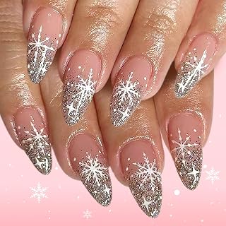 Christmas Press on Nails Medium Almond False Nails Snowflake Full Cover Glue on Nail With Silver Glitter French Tip Design Acrylic Fake Nails Winter Artificial Glossy Nail Reusable for Women