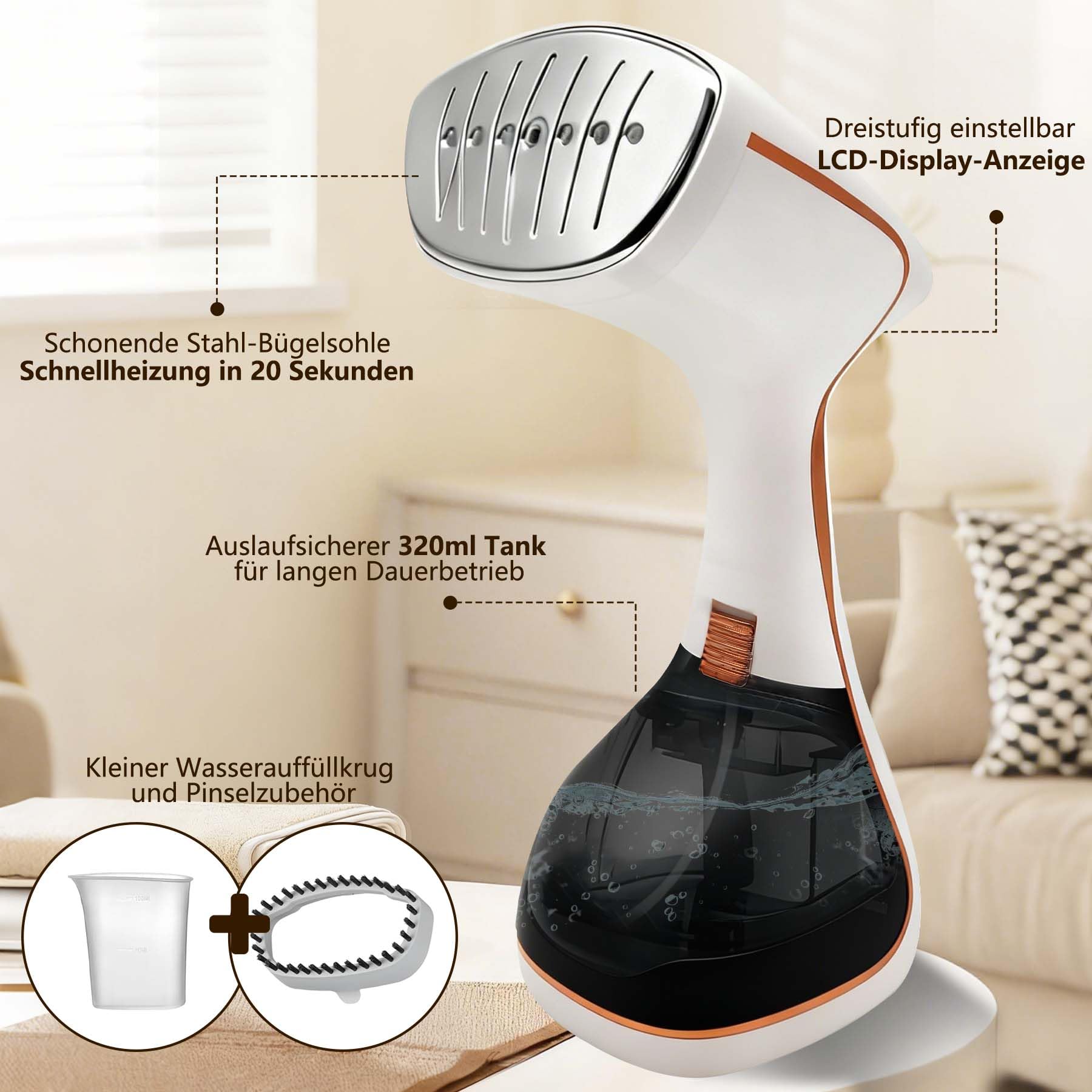 Steamer Steamer Vincitore del test – 1500 W & 300 ml con guanto da stiro & accessori I Pro Steamer Ferro da stiro a vapore Stiemer Ferro per mano held steam iron & go