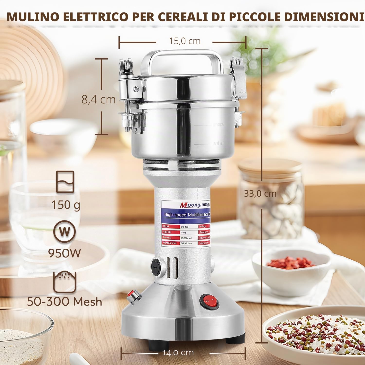 Moongiantgo Mulino Elettrico per Cereali 150g Mulino per Spezie Acciaio Inossidabile, 950W 28000RPM Motore Commerciale & 30s Rettifica Superfine ad Alta Velocità, per Cereali/Erbe/Spezie/Noci