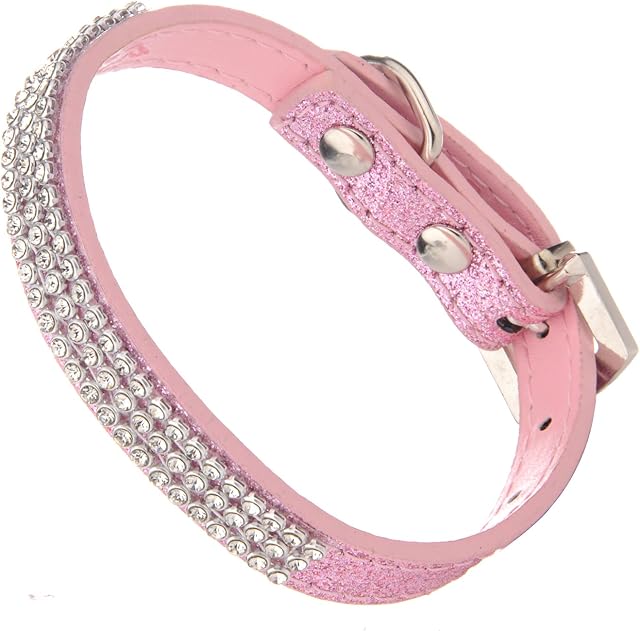 LOVPE,Dog Collar,Glitter Powder Leather+Bling Crystal Pet Collar, [Adjustable Collars for Dogs] Neck 8~11 inch (XS, Pink)