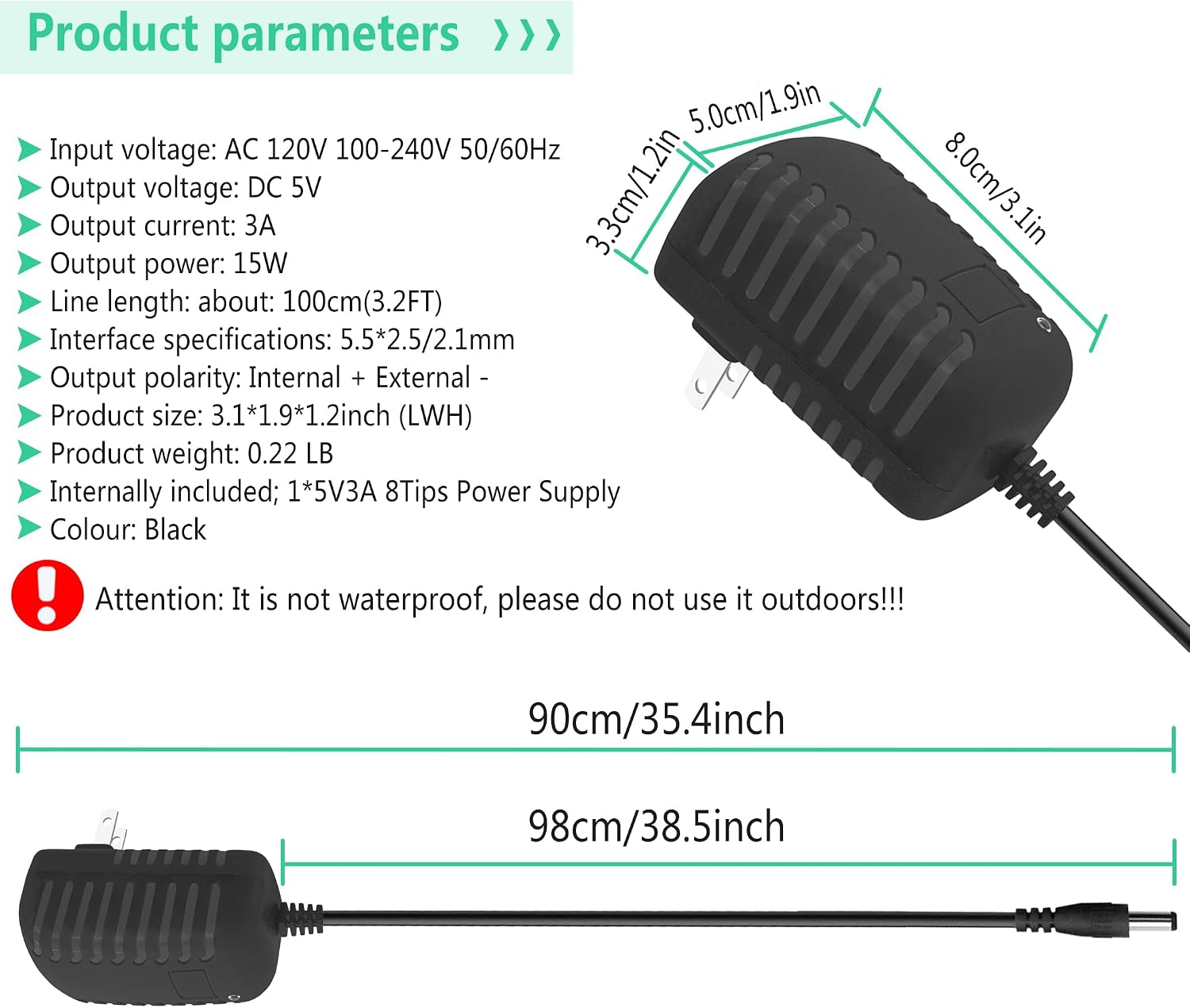 DC 5V 3A Power Supply 5V Power Adapter with 8Tips Replaceable 100V-240V AC to DC Converter 5 Volt 3 Amp 2A 1A Transformer Power Supply for TV Box Speaker Webcam Router