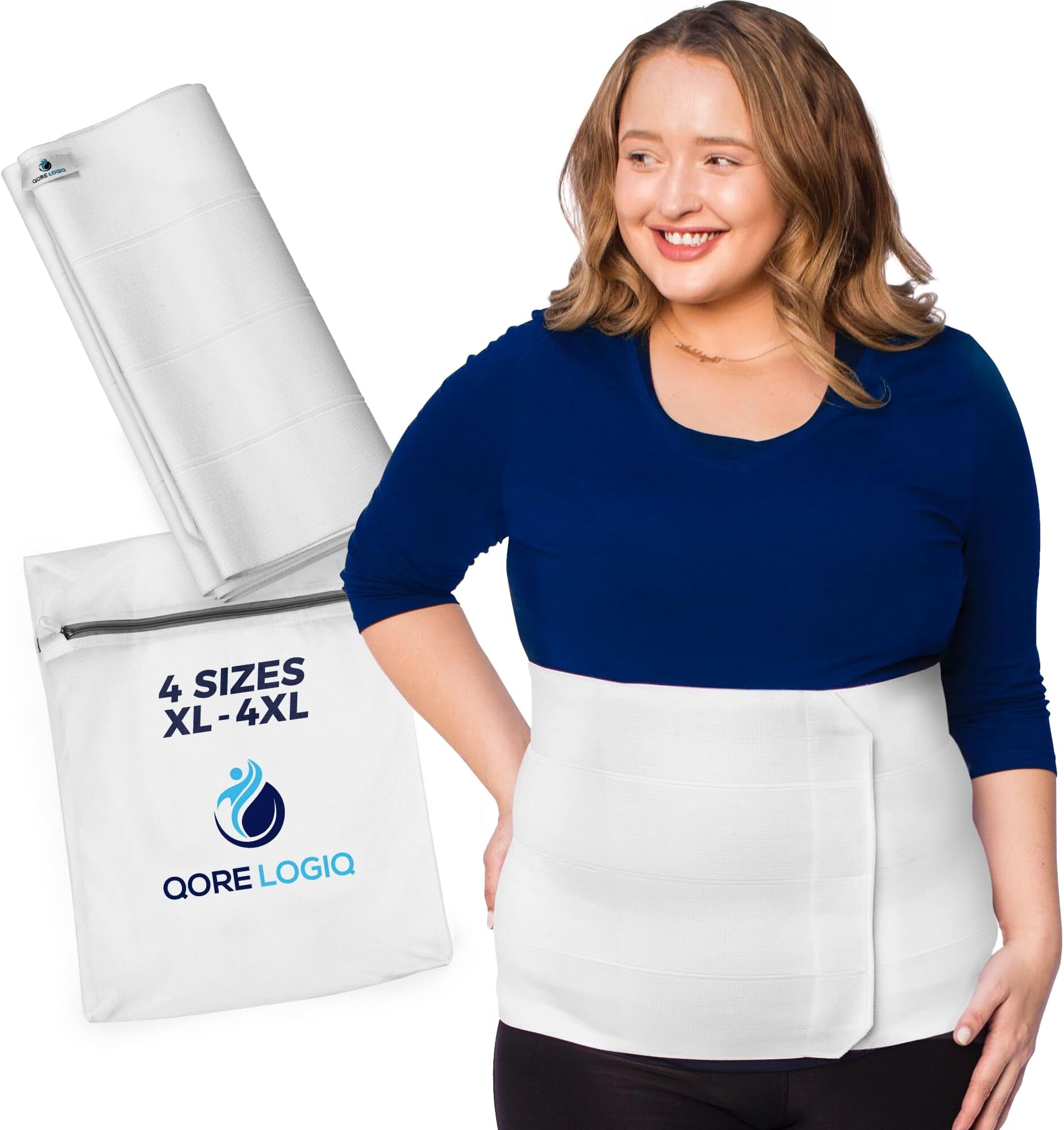 QORE LOGIQ Plus Size Abdominal Binder Post Surgery - C Section Belly Binder, Postpartum Belly Band, Adjustable 12" Compression Wrap for Stomach & Hernia Belt, Black 4XL (white, XXX-Large)