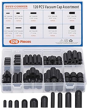 BUSY-CORNER 120 Pieces Rubber Vacuum Cap Assortment 10 Sizes Tube OD from 1/8" to 1/2" Sizes Automotive Carb Line Hose Caps Kit for Carburetor Manifold
