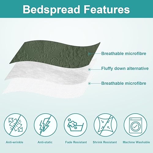 Miniatura 3 de Hansleep - Edredón verde oliva tamaño King  Colcha ultrasónica con diseño damasco para todas las estaciones, juego de ropa de cama suave y ligero, 3