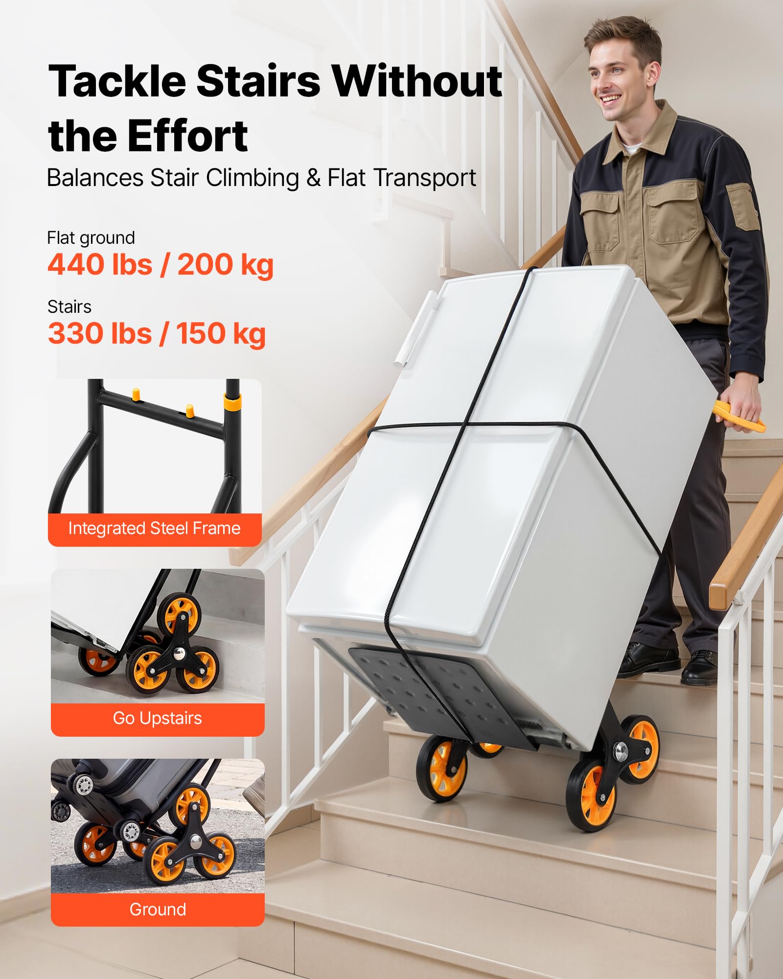 VEVOR Carrello Portapacchi per Scale Capacità di Salita Scale 150 kg, Carrello Pieghevole per Carichi Pesanti con Maniglia Telescopica, 6 Ruote e 2 Corde Elastiche, per Generi Alimentari, Magazzino
