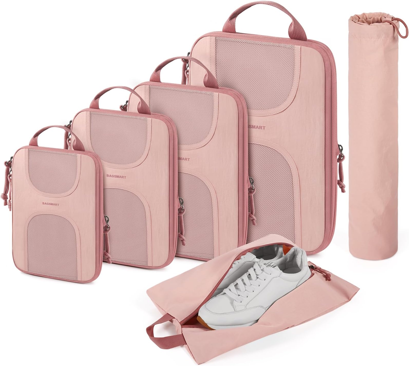 BAGSMART Compression Packing Cubes, 6 Set Packing Cubes for Suitcases, Lightweight Suitcases Organizers Bag Set & Compression Travel Cubes, Travel Essentials Packing Organizers Baby Pink