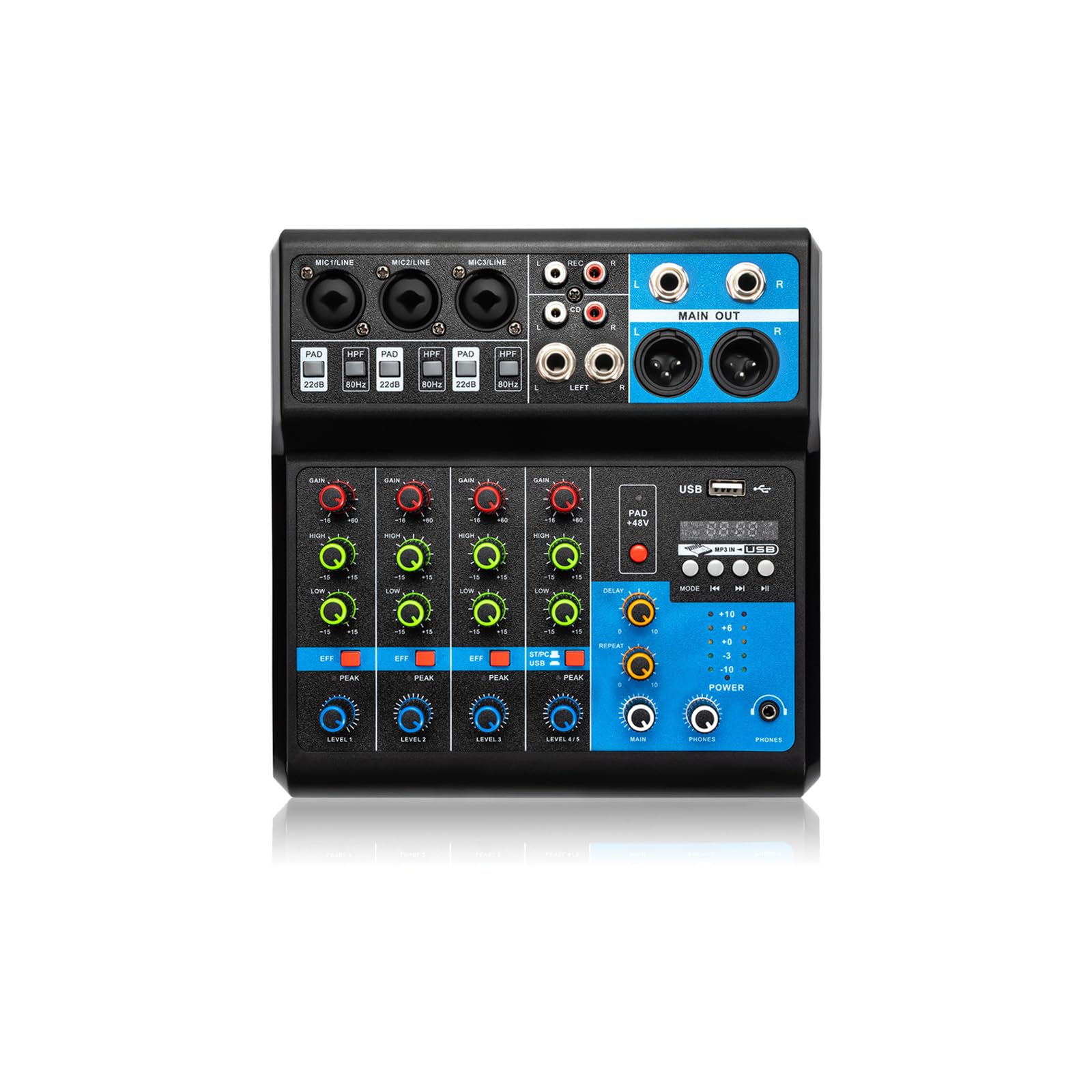 Mini console di miscelazione stereo a 5 canali, mixer con USB Bluetooth e 48 V Phantom Power, DJ Live Audio Mixer con effetto hall per karaoke Stage, Home KTV, studi di registrazione, streaming live